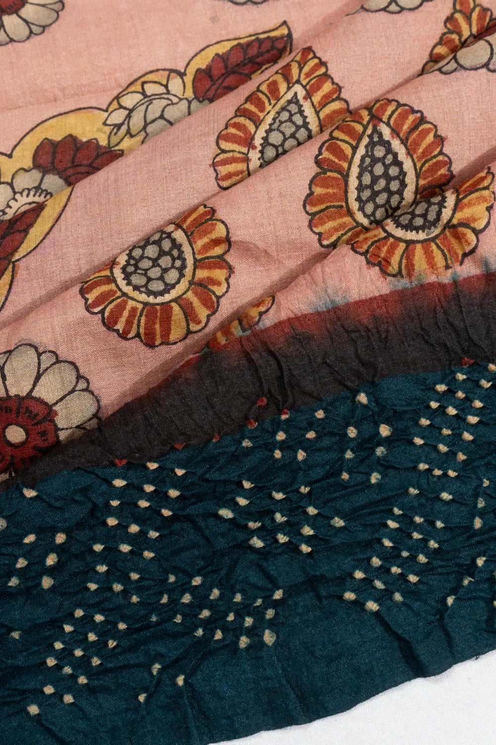 Tussar X Kalamkari Hand Painted Baby Pink Saree With Bandhani Border And Pallu