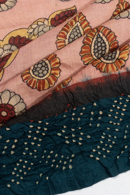 Tussar X Kalamkari Hand Painted Baby Pink Saree With Bandhani Border And Pallu