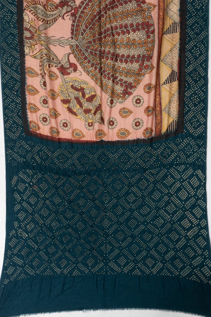 Tussar X Kalamkari Hand Painted Baby Pink Saree With Bandhani Border And Pallu