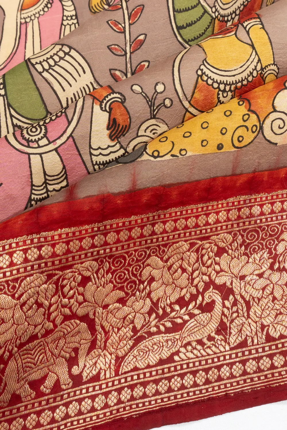 Banarasi X Kalamkari Silk Hand Painted Choco Brown Saree