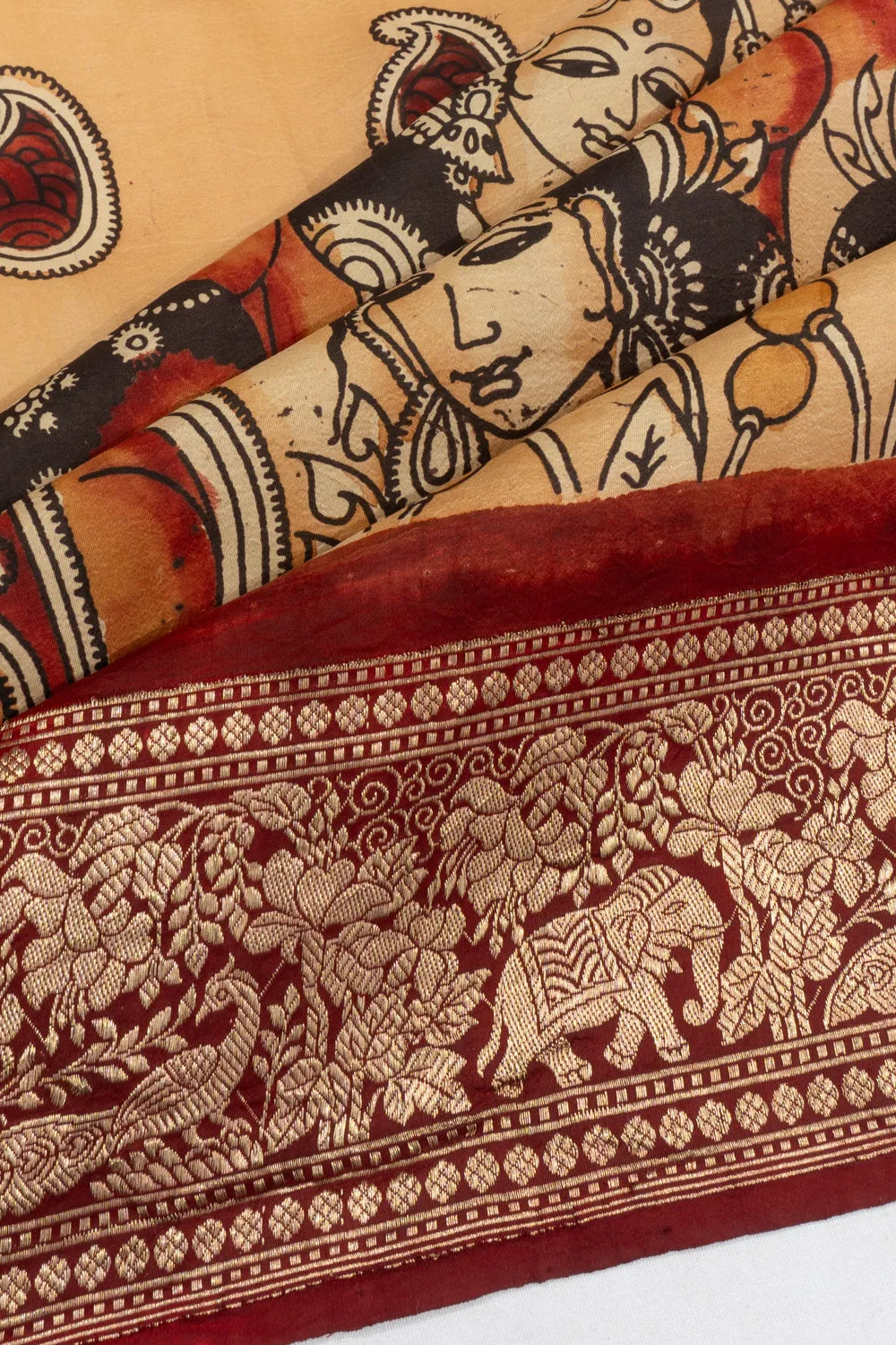 Banarasi X Kalamkari Silk Hand Painted Pastel Yellow Saree