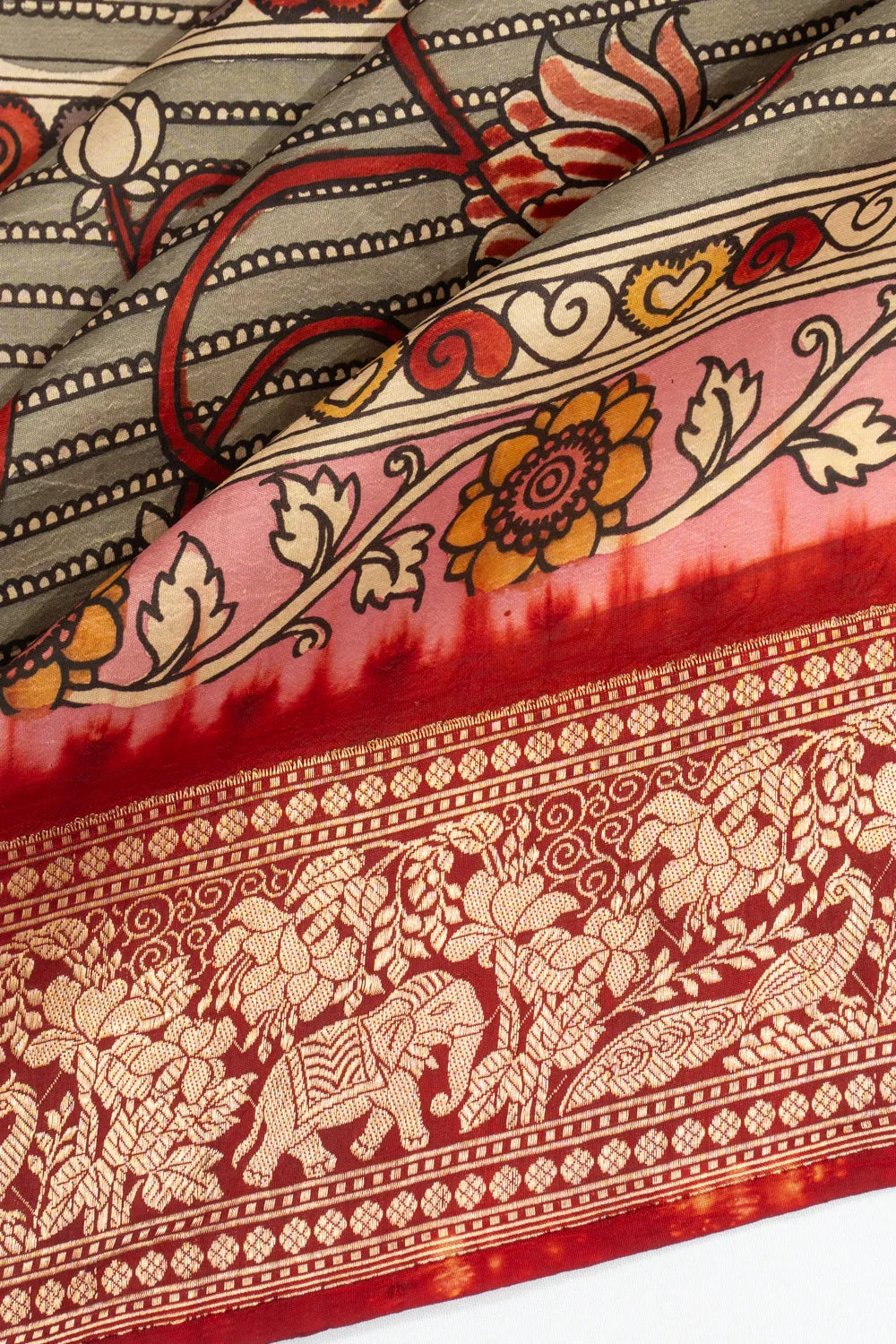 Kanchipuram X Kalamkari Silk Hand Painted Grey Saree