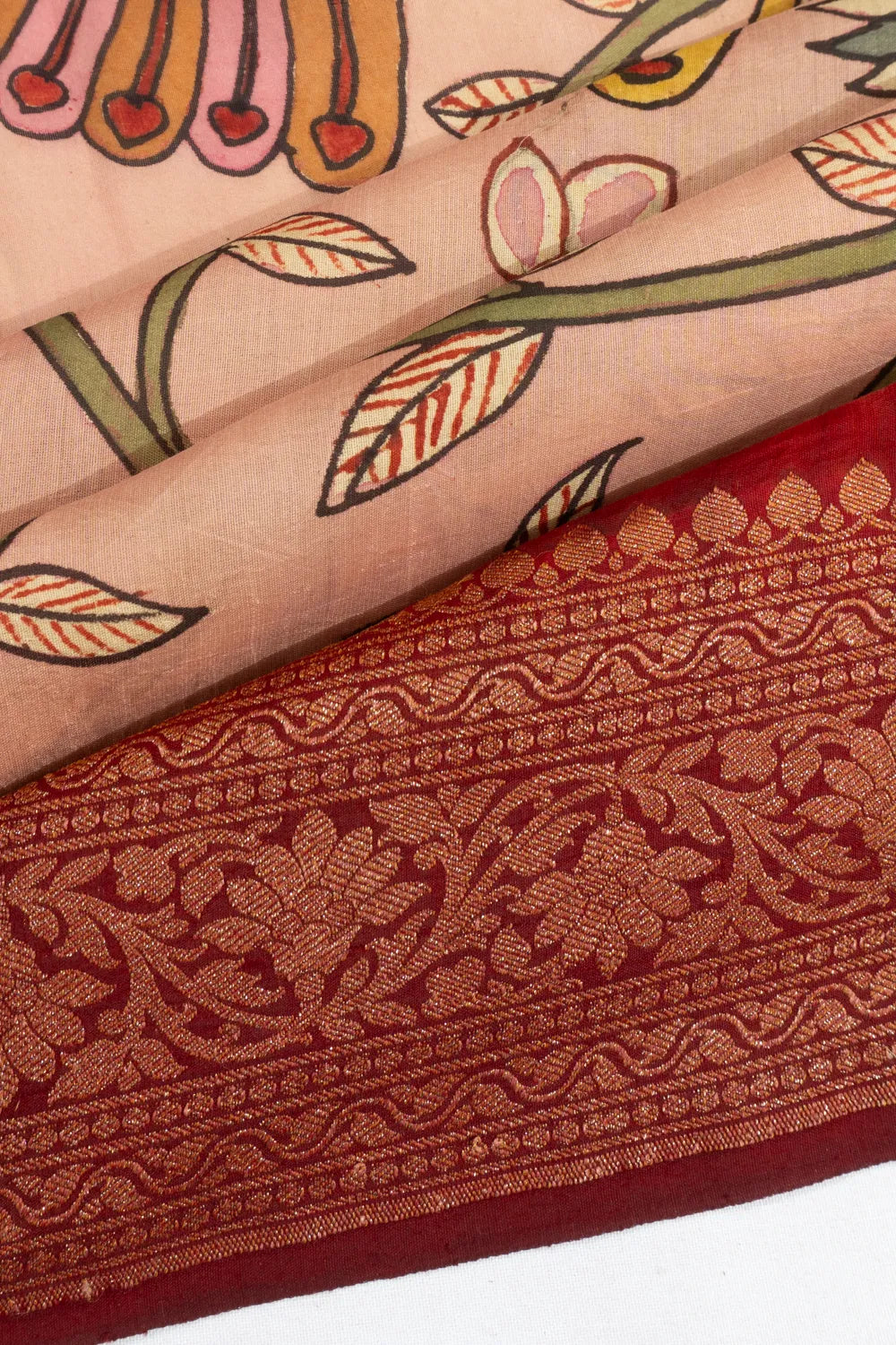 Banarasi X Kalamkari Silk Hand Painted Peach Saree