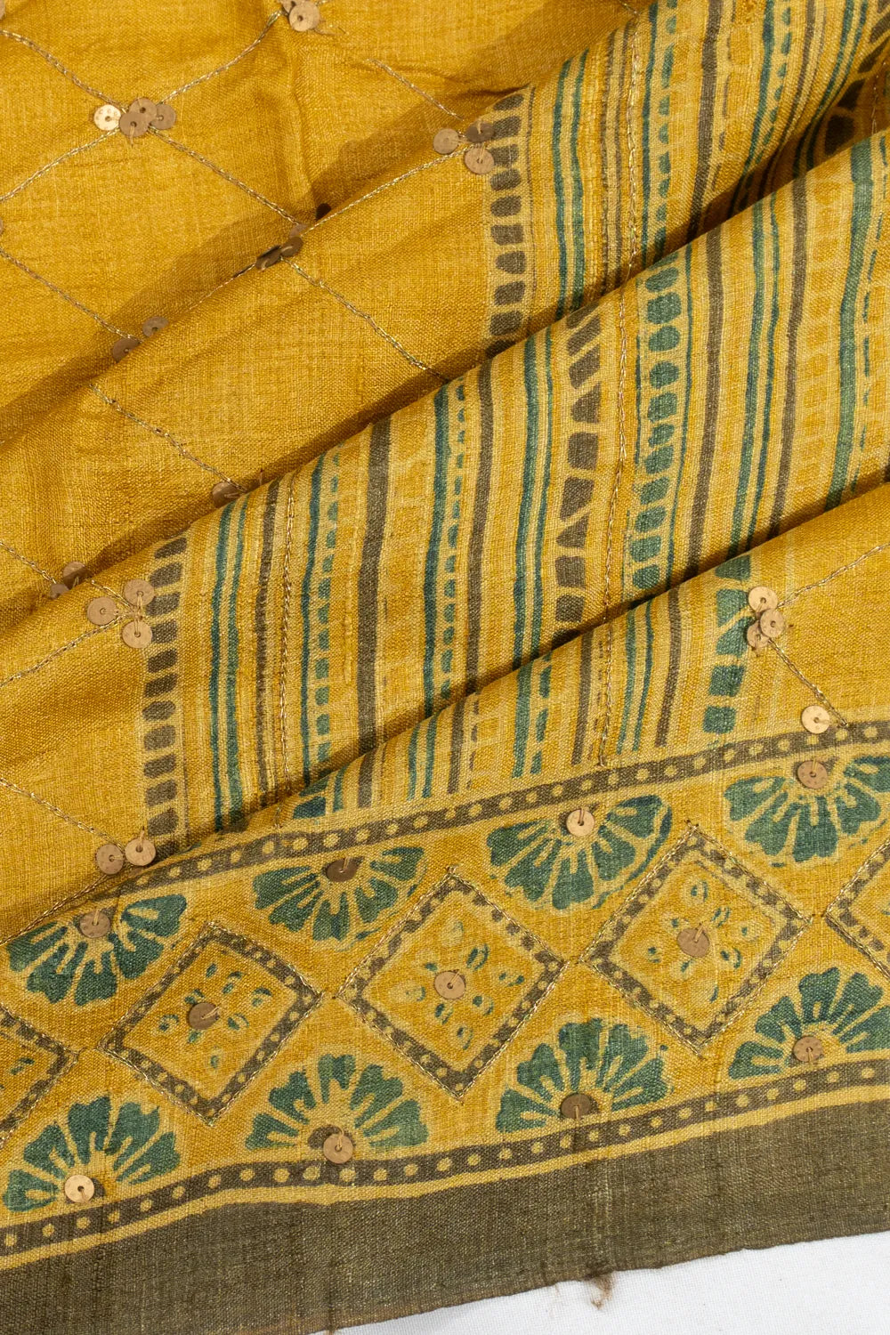 Tussar Sequin And Batik Printed Yellow Saree