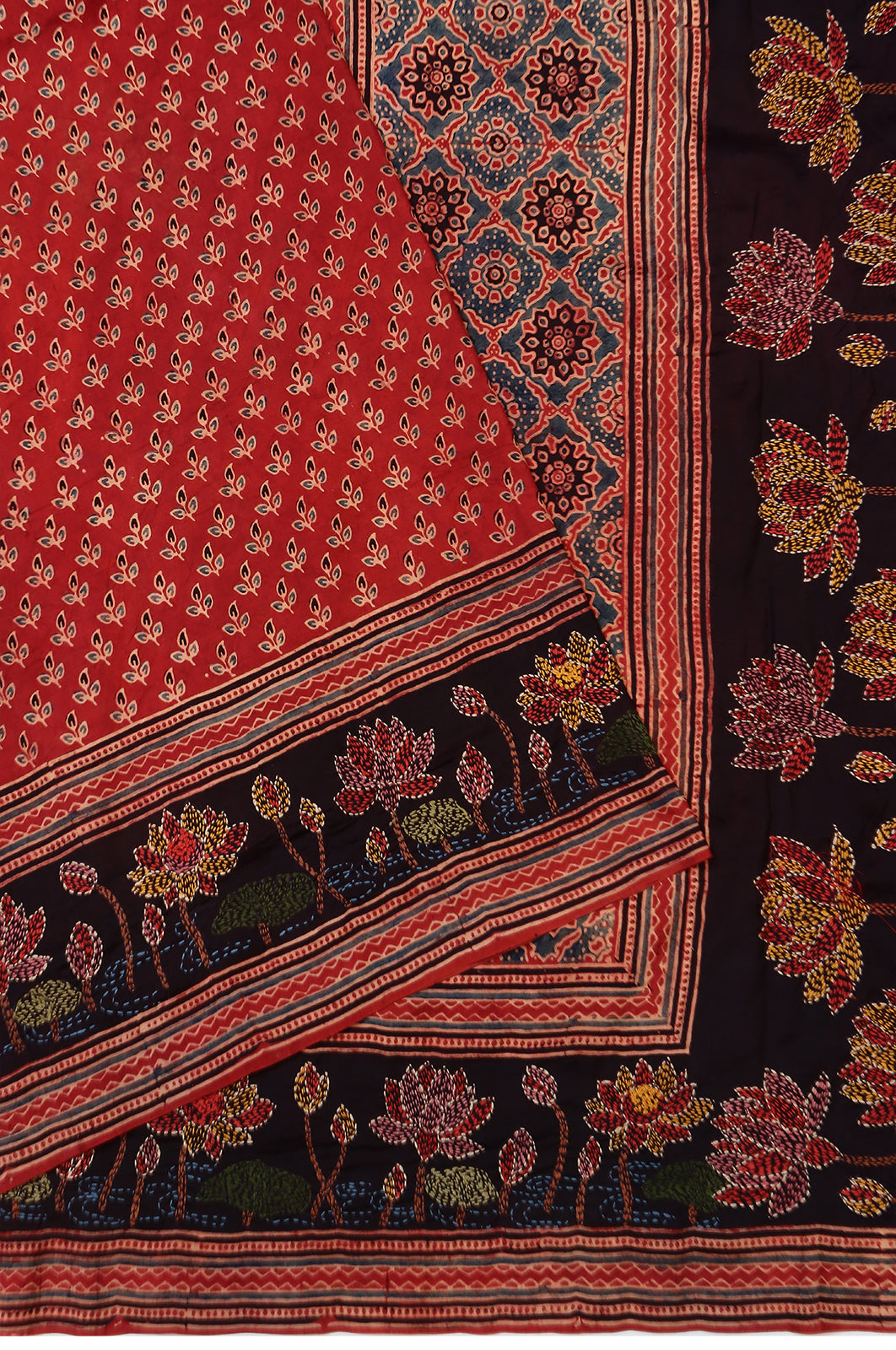 Chanderi Silk Batik Printed Red Saree With Kantha Embroidery Border