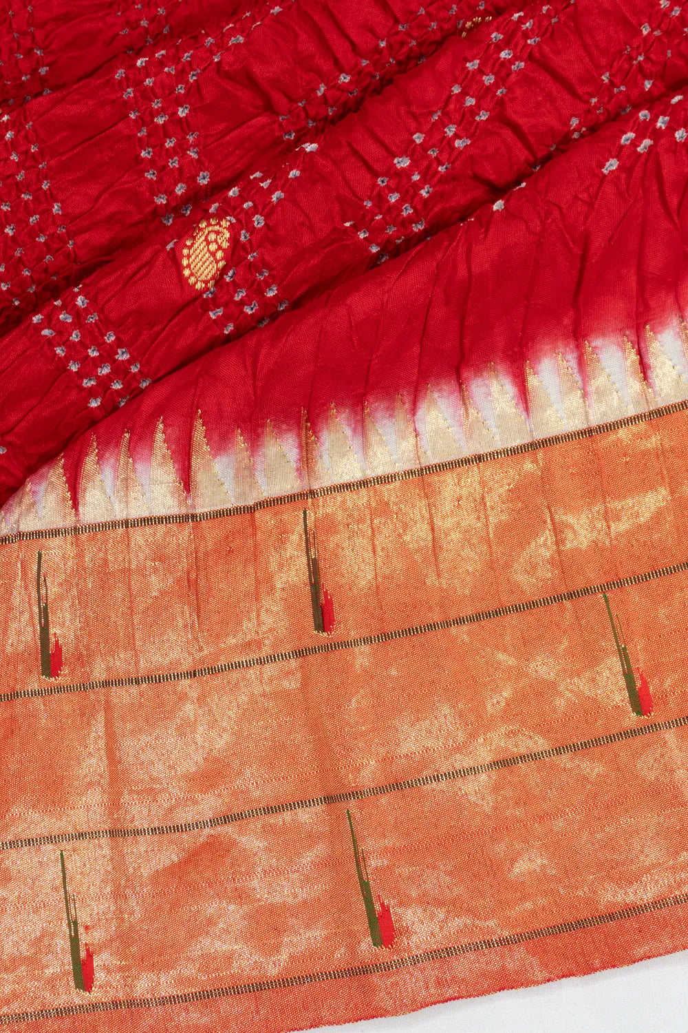 Paithani X Bandhani Silk Butta Red Saree With Triple Muniya Border