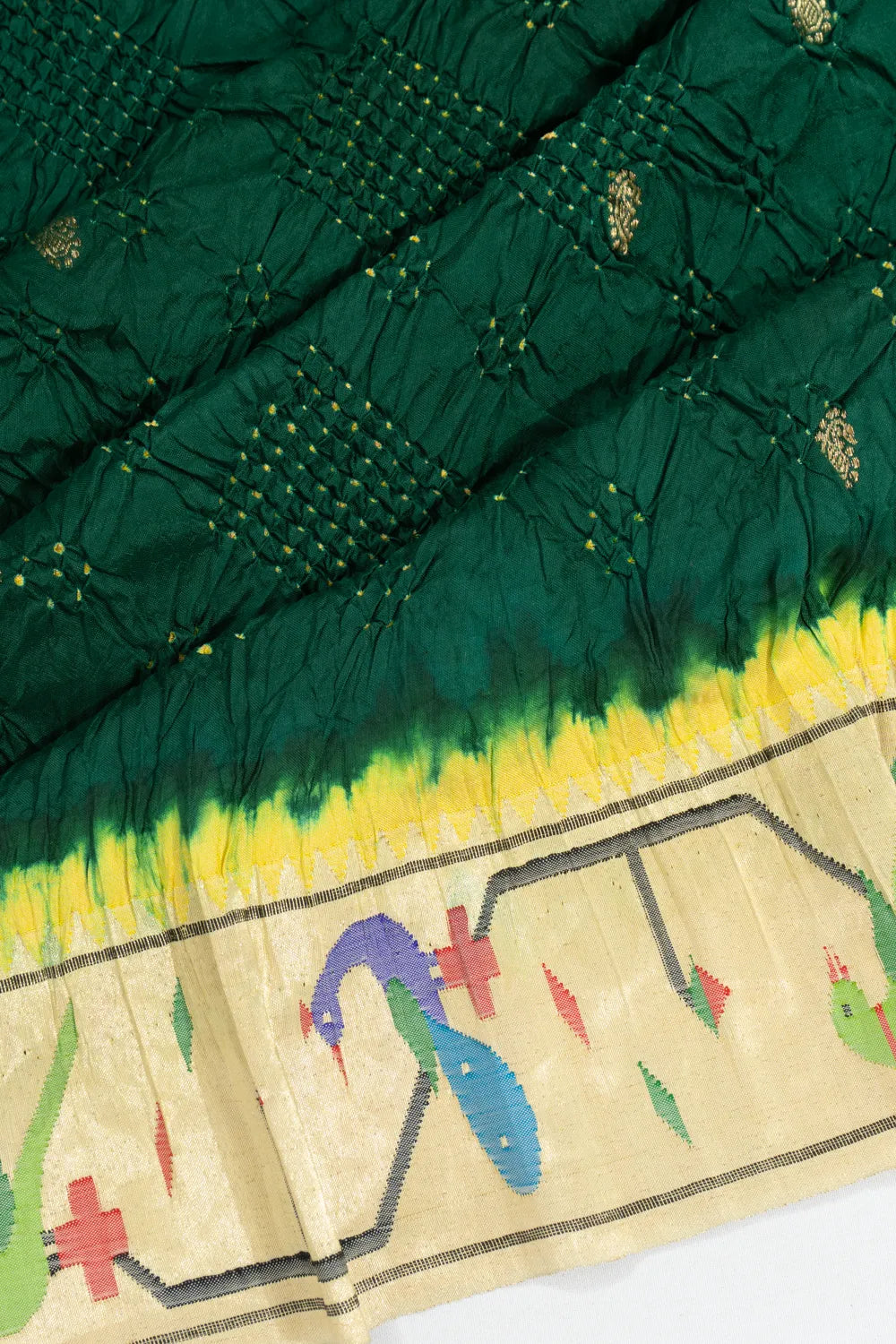 Paithani X Bandhani Silk Butta Dark Green Saree With Akruthi Border