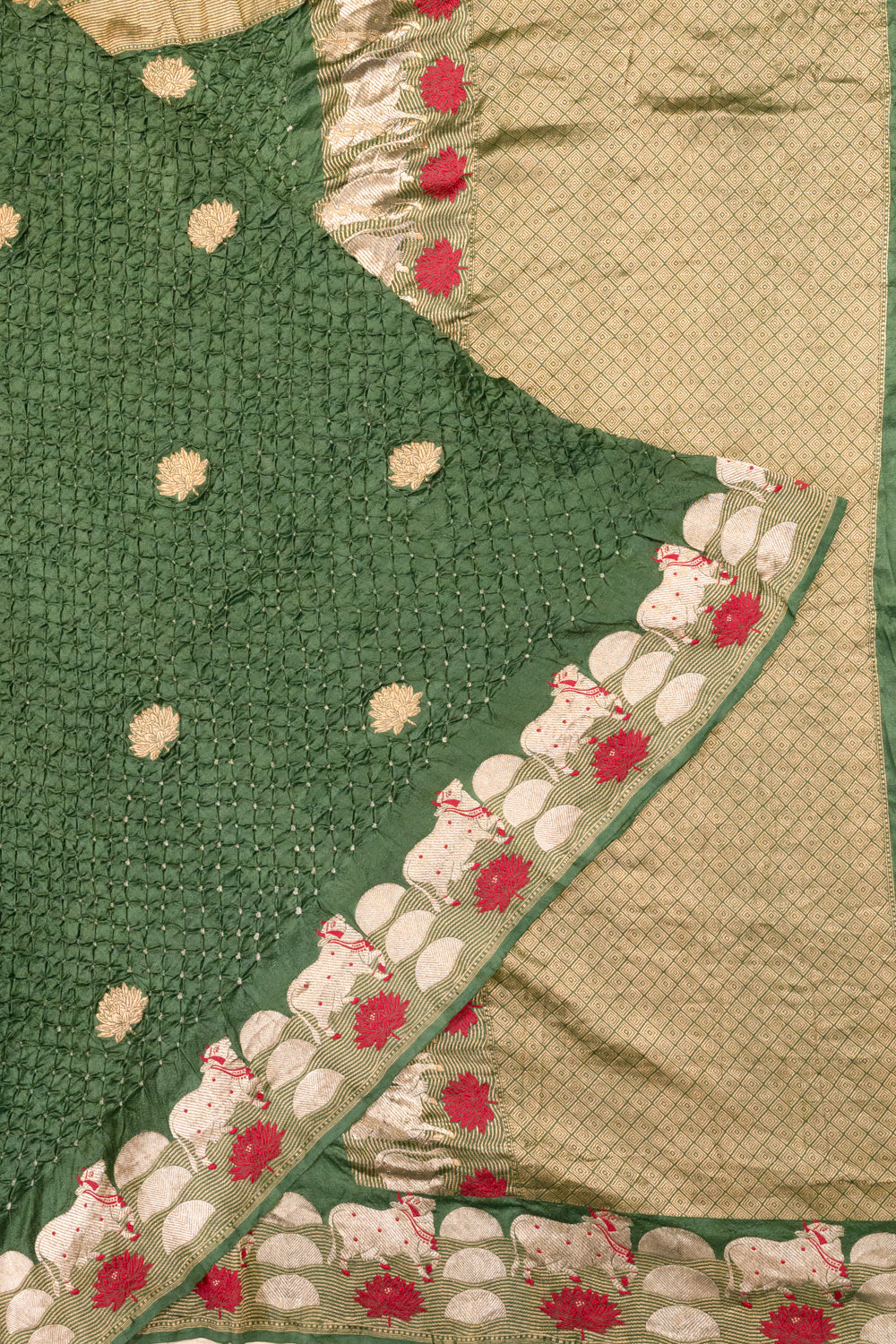 Banarasi Silk Bandhani Butta Dark Green Saree With Pichwai Border