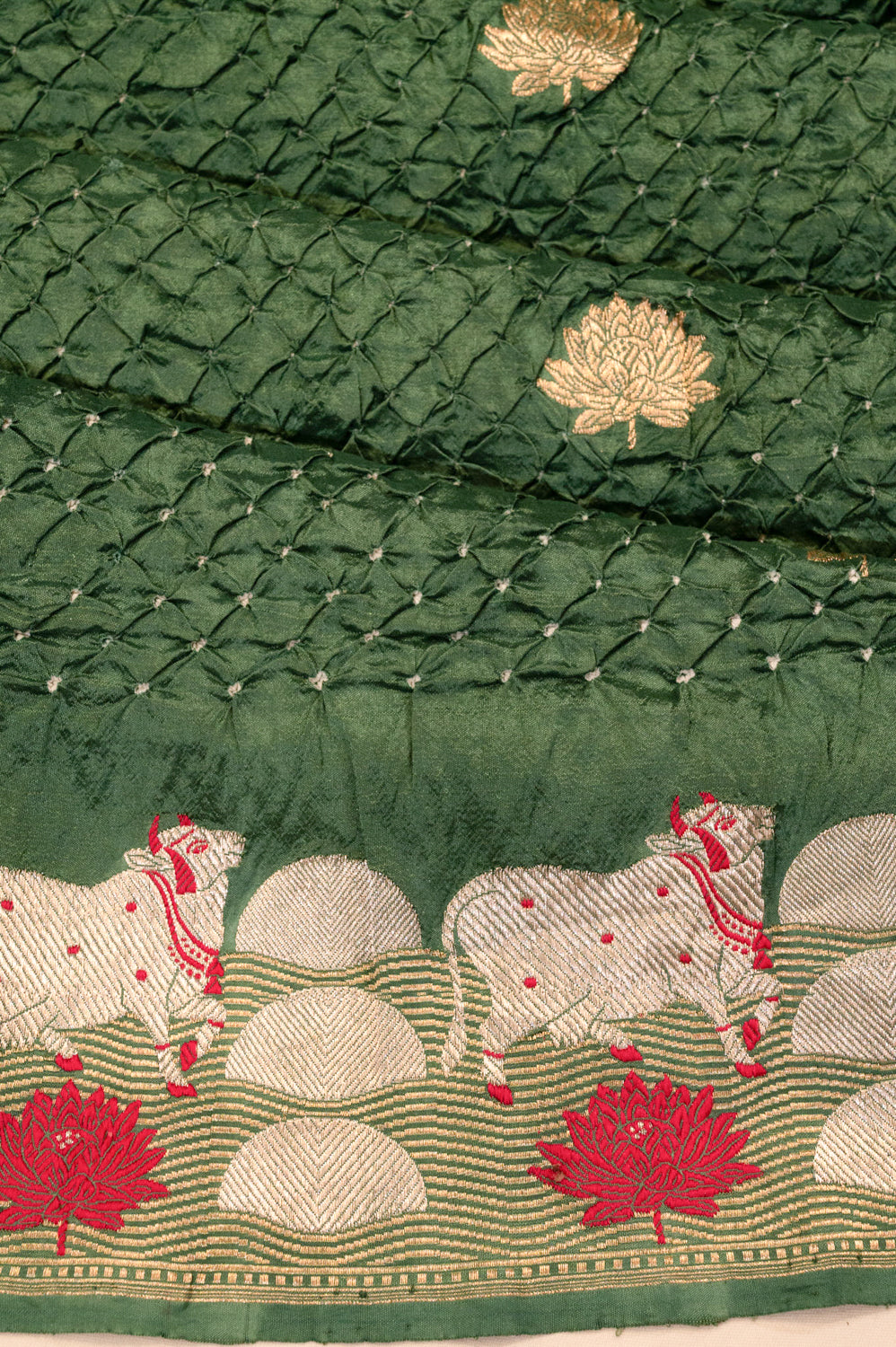 Banarasi Silk Bandhani Butta Dark Green Saree With Pichwai Border