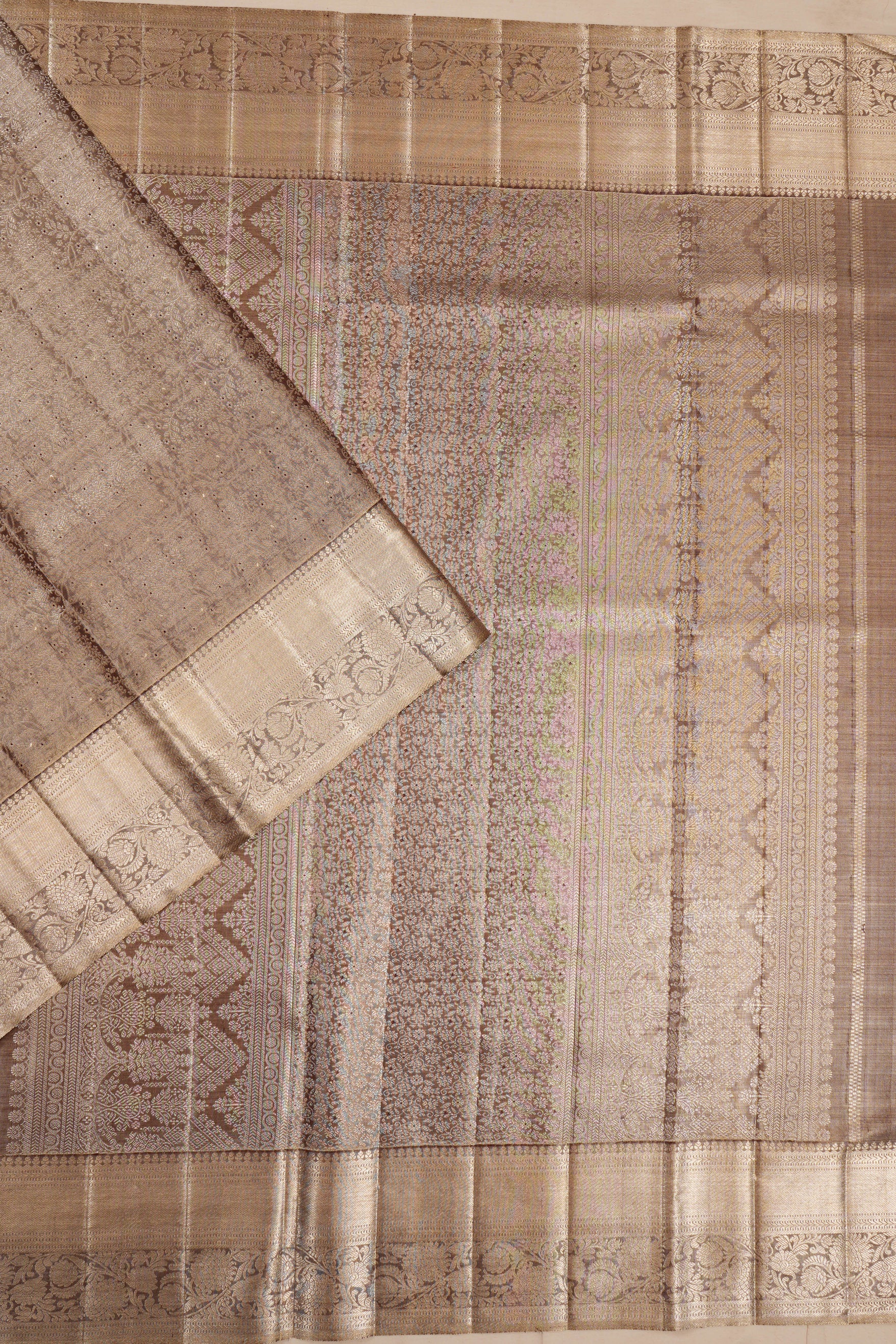 Kanchipuram Silk Tissue Brocade Grey Saree