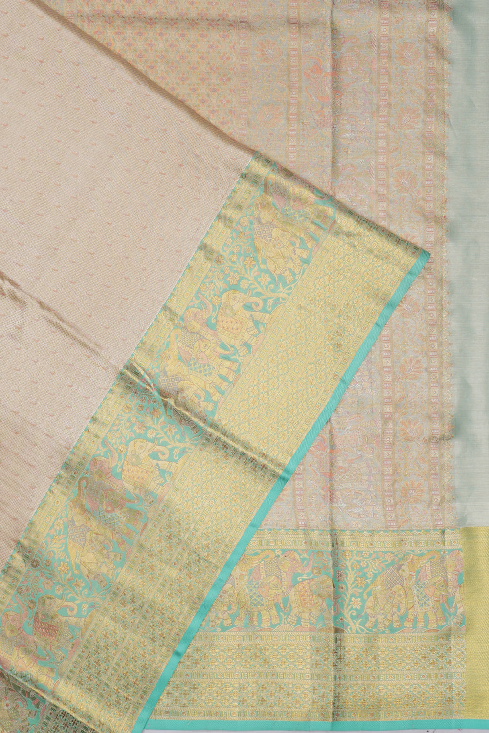 Kanchipuram Silk Tissue And Butta Silver Saree