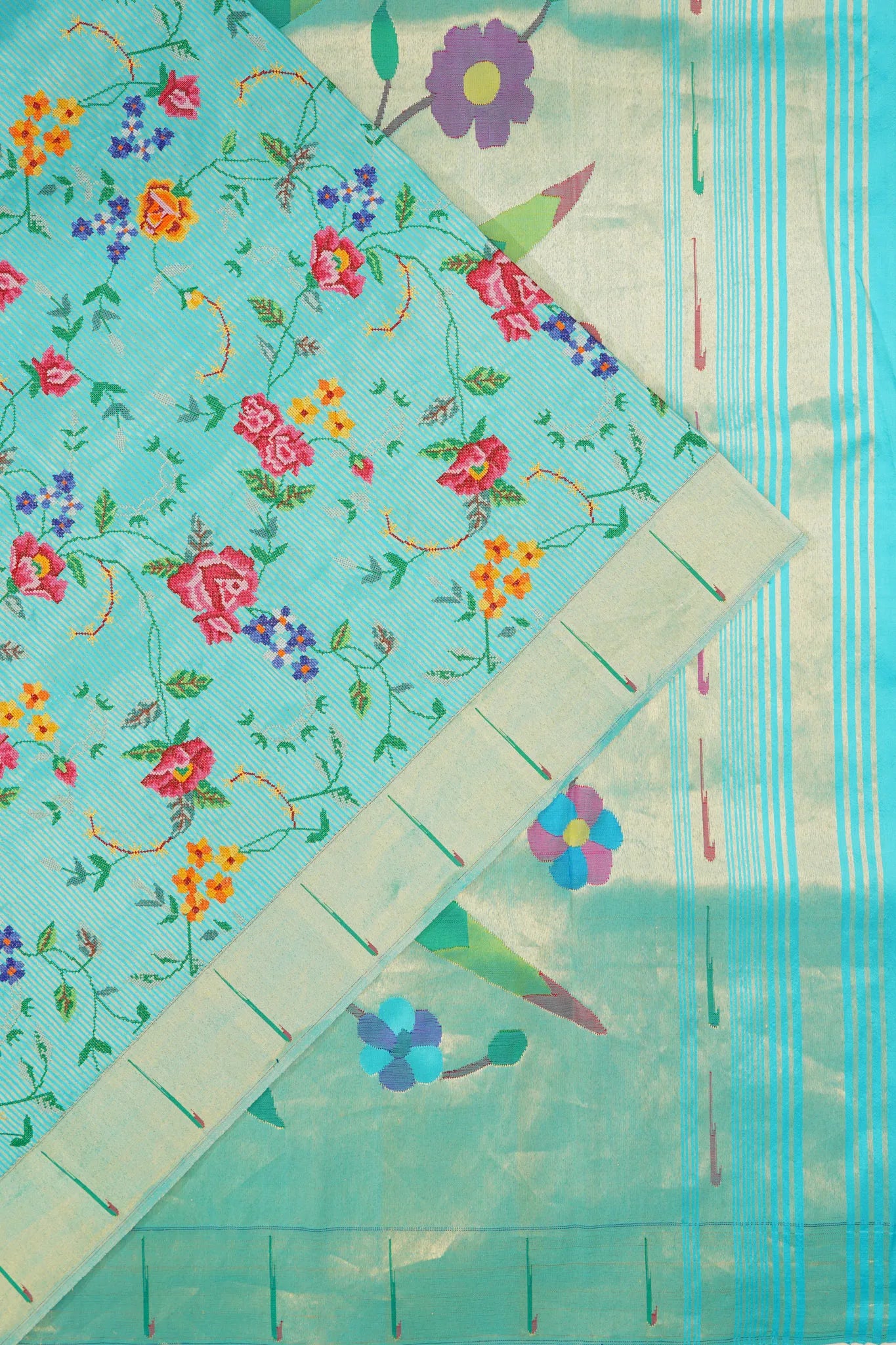 Paithani Silk Vertical Lines And Embroidery Sky Blue Saree With Single Muniya Border