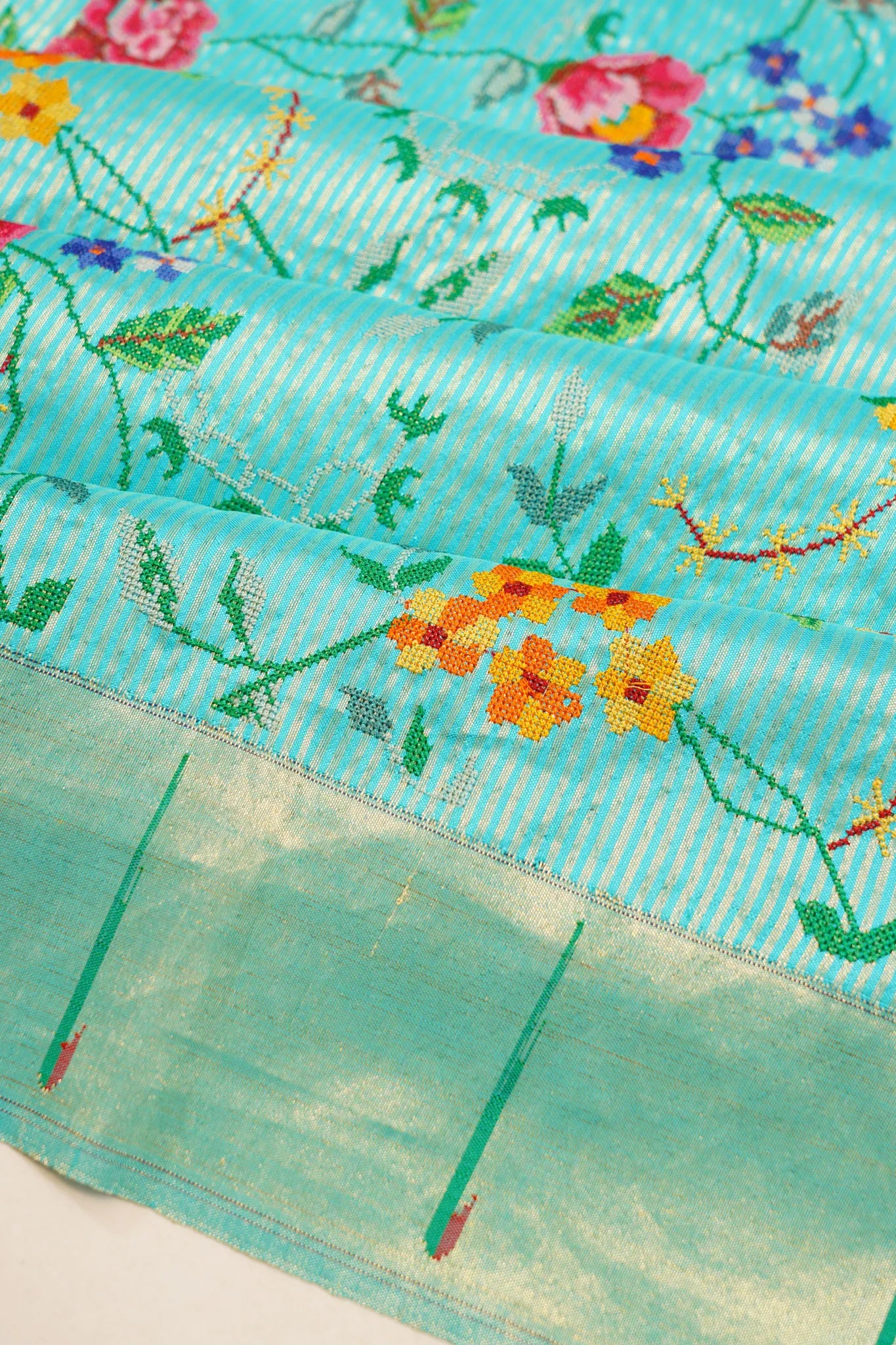 Paithani Silk Vertical Lines And Embroidery Sky Blue Saree With Single Muniya Border