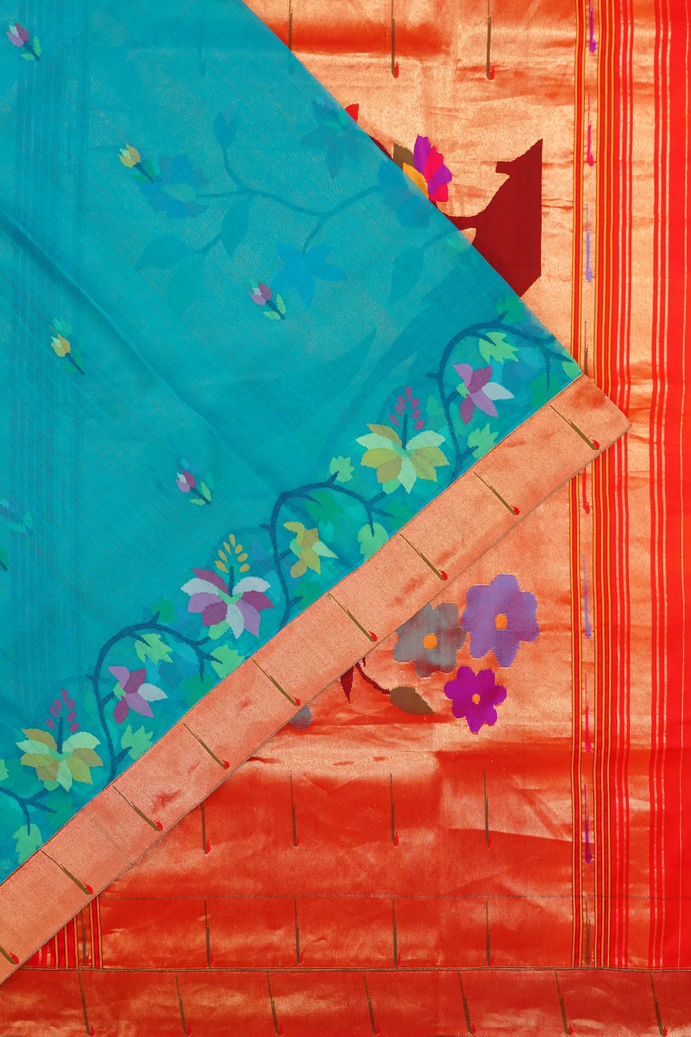Paithani X Kora Organza Jamdani Butta Sky Blue Saree With Single Muniya Border