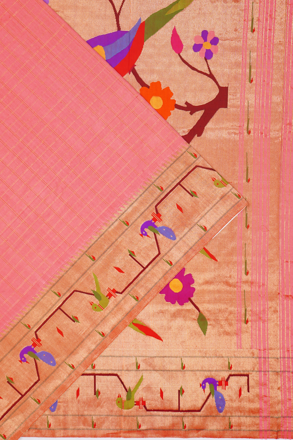 Paithani Silk Checks Pink Saree With Akruti Border