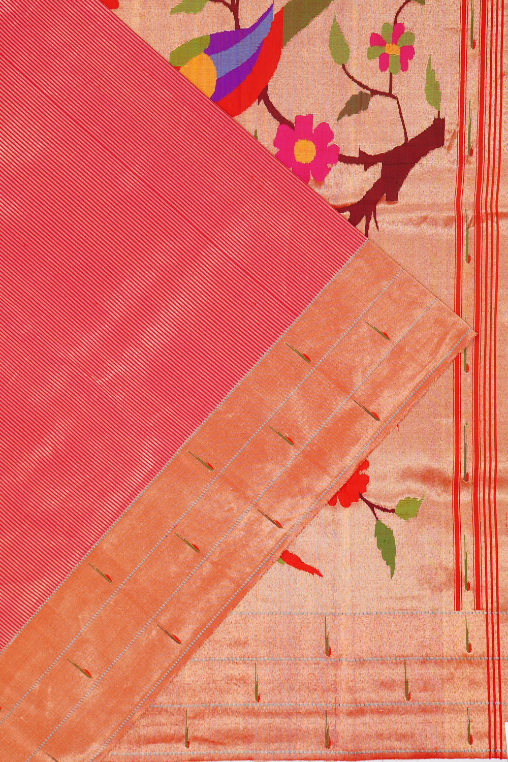 Paithani Silk Lines Red Saree With Triple Muniya Border