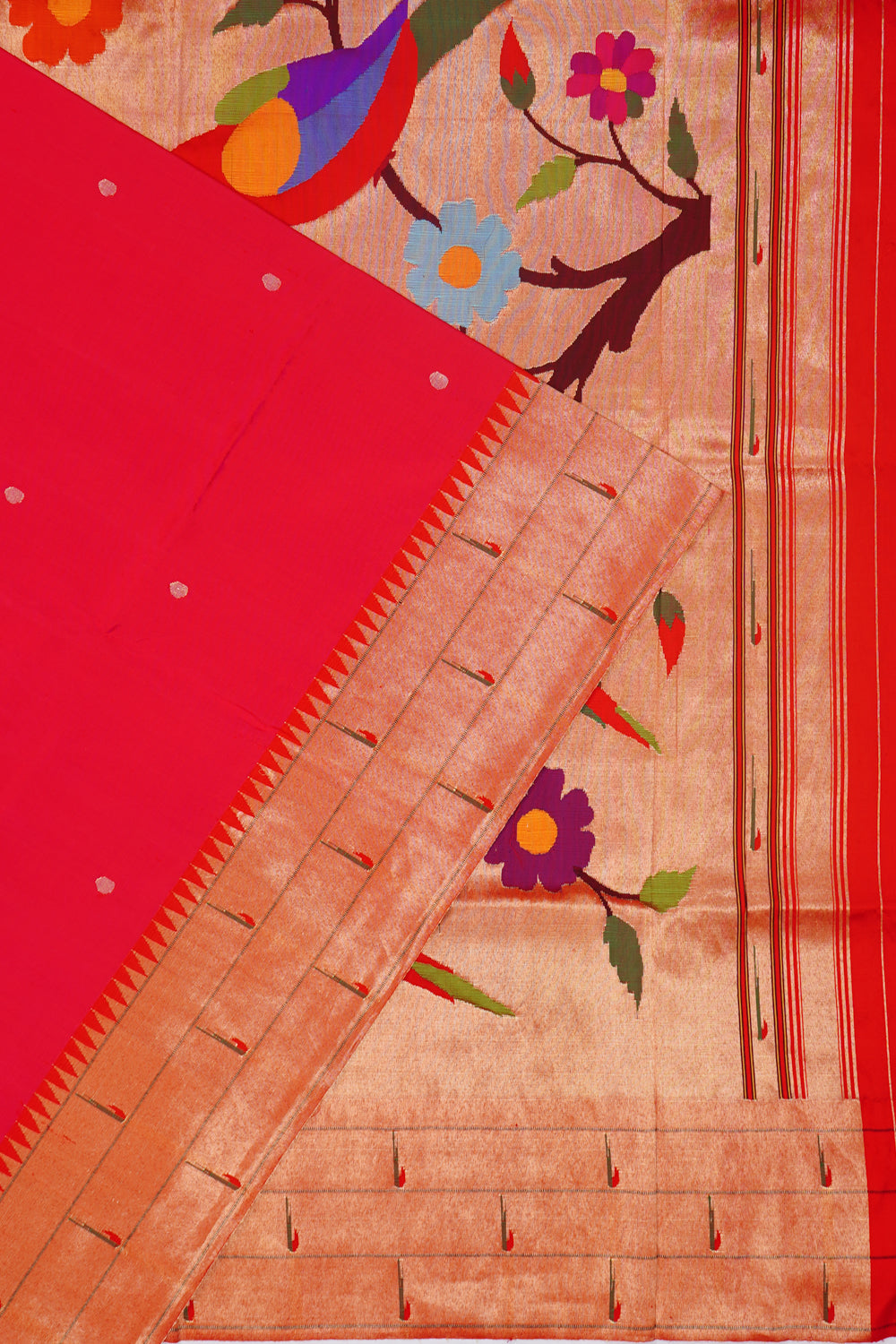 Paithani Silk Butta Red Saree With Triple Muniya Border