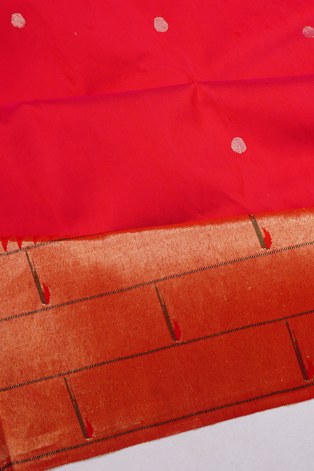 Paithani Silk Butta Red Saree With Triple Muniya Border