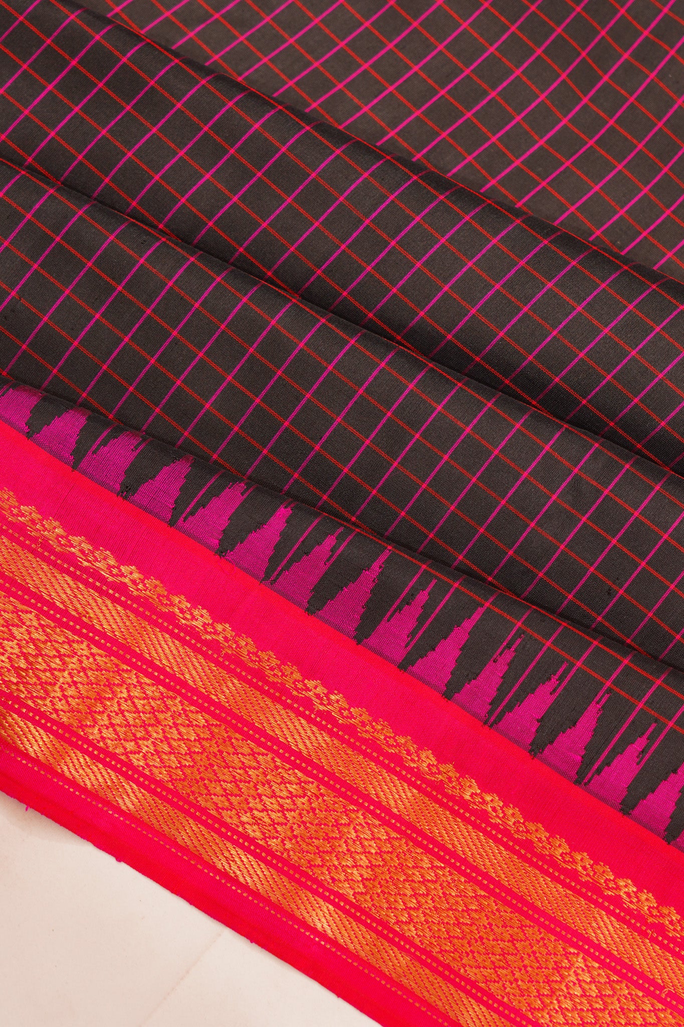 Kanchipuram Silk Checks Black Saree