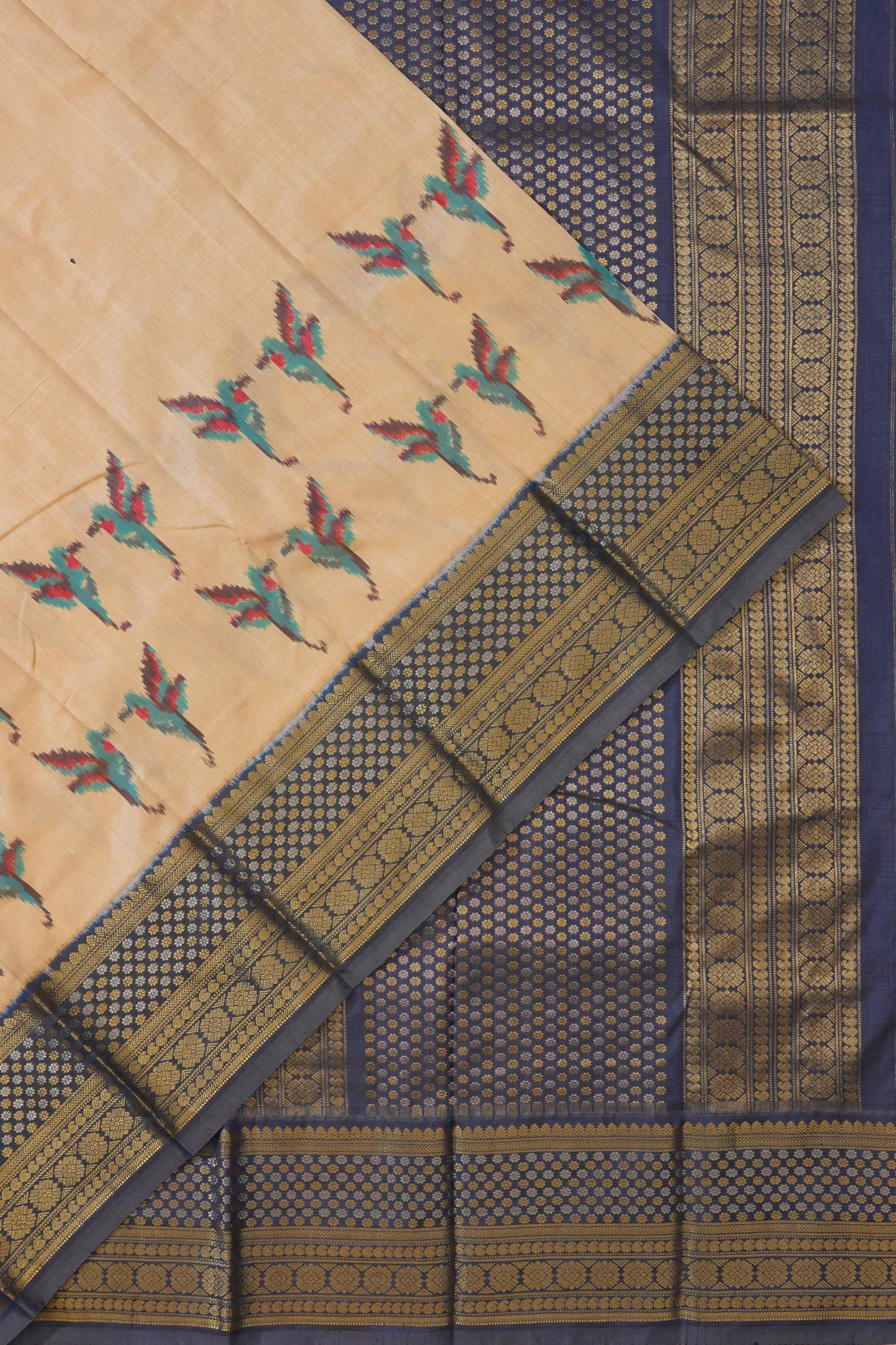 Kanchipuram Silk Ikat Plain Cream Saree