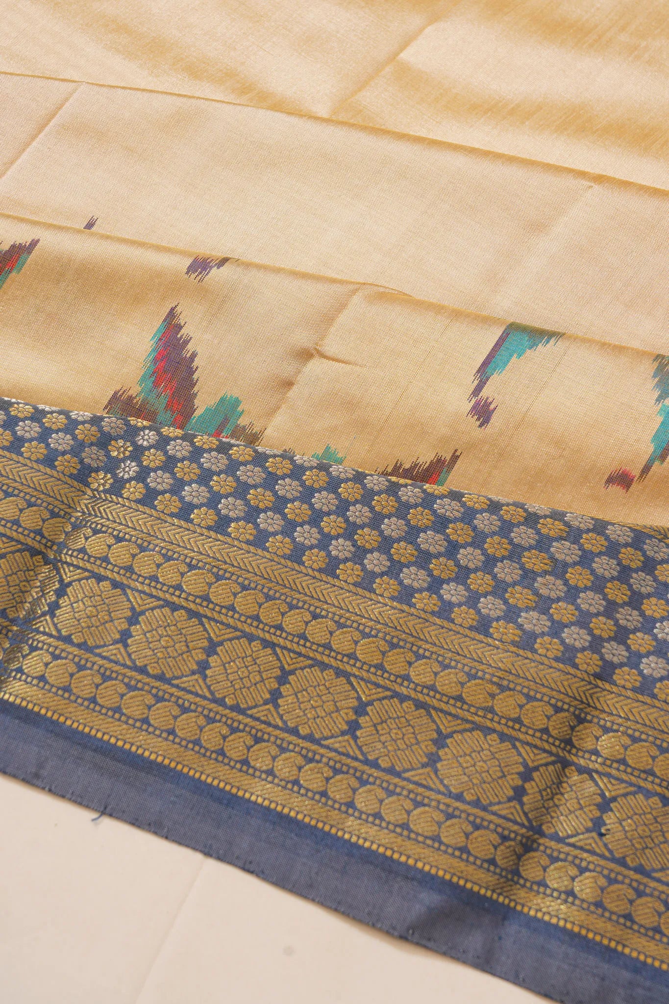 Kanchipuram Silk Ikat Plain Cream Saree