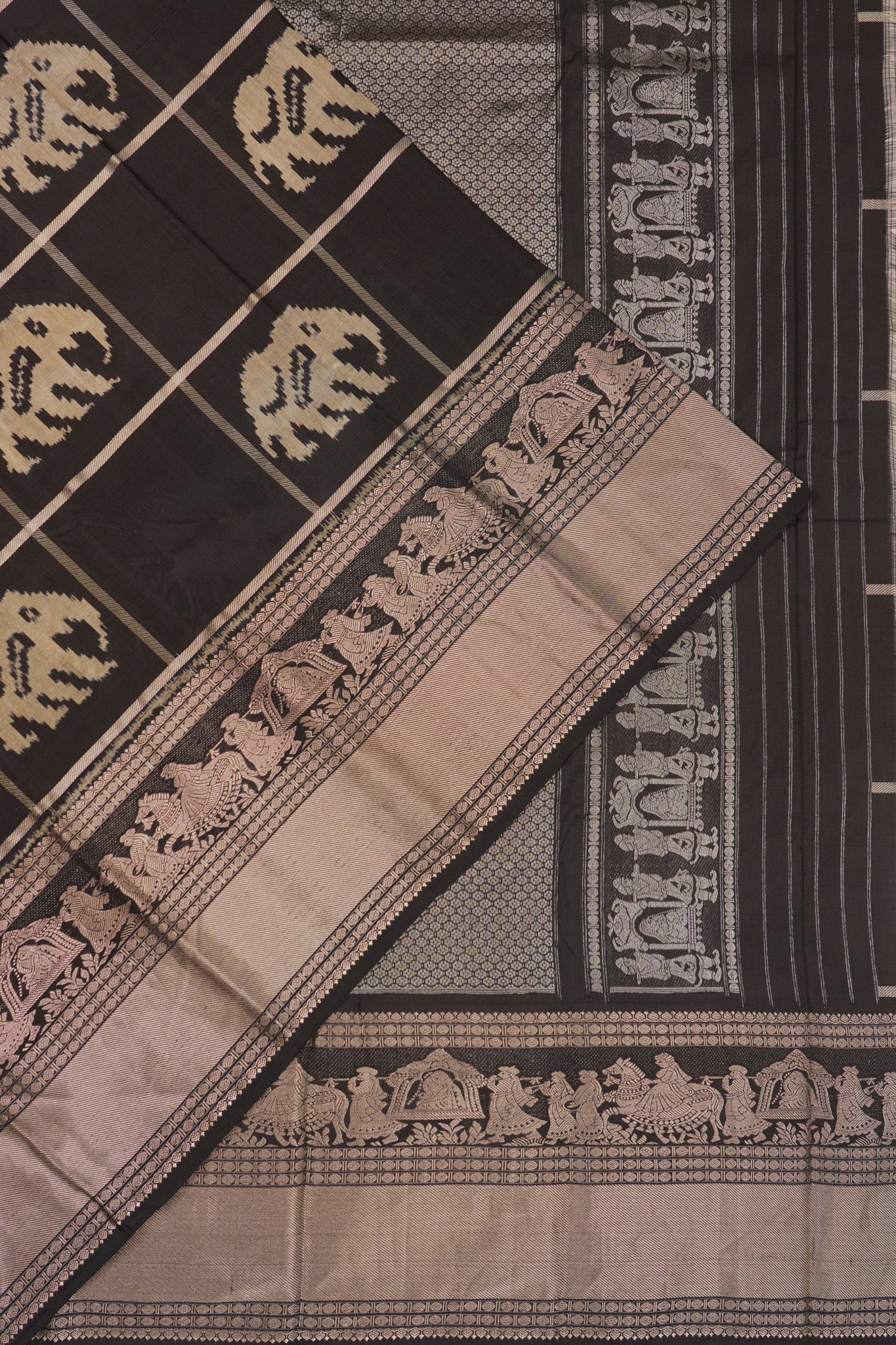 Kanchipuram Silk Ikat Checks And Butta Black Saree
