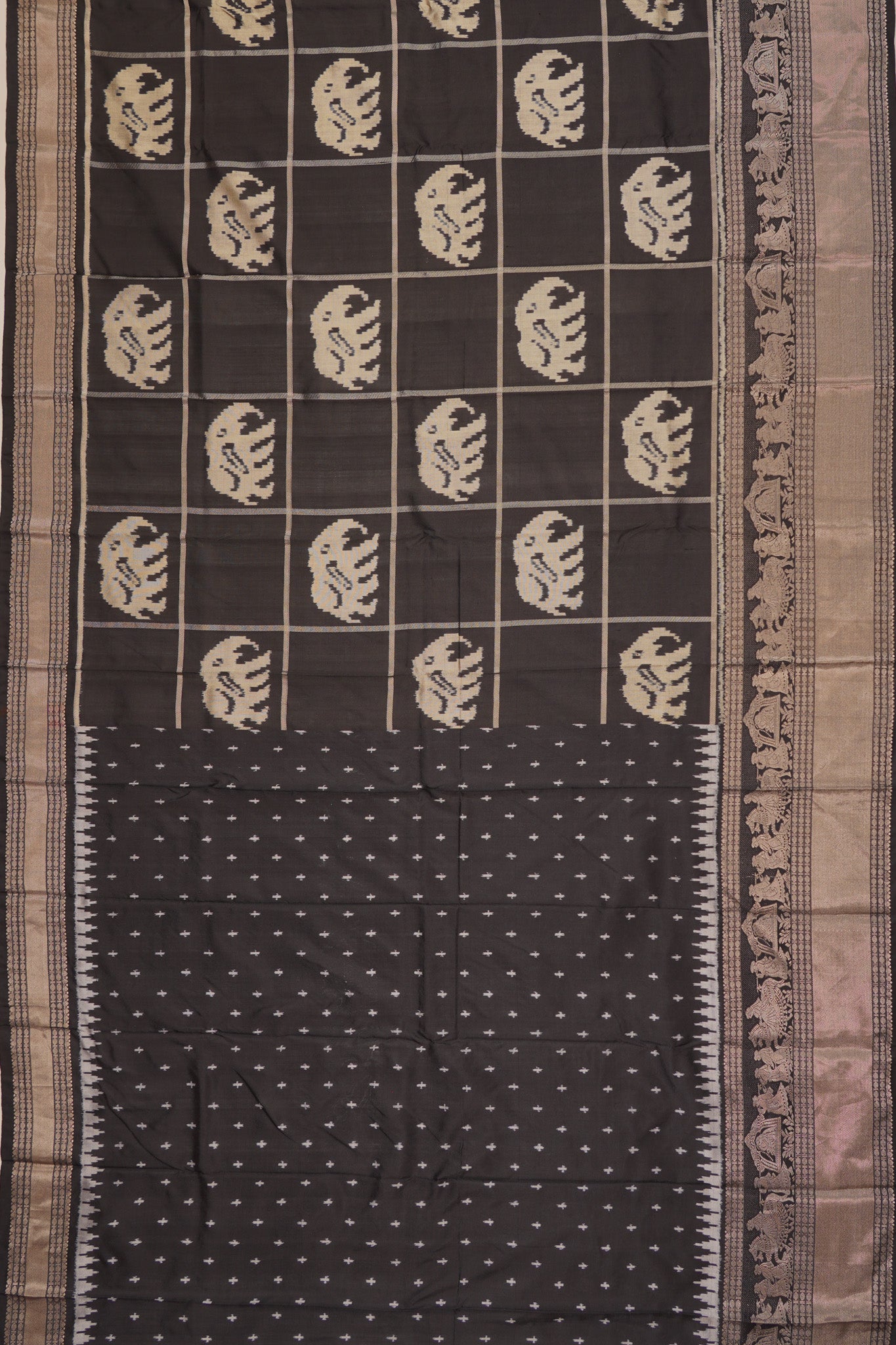Kanchipuram Silk Ikat Checks And Butta Black Saree