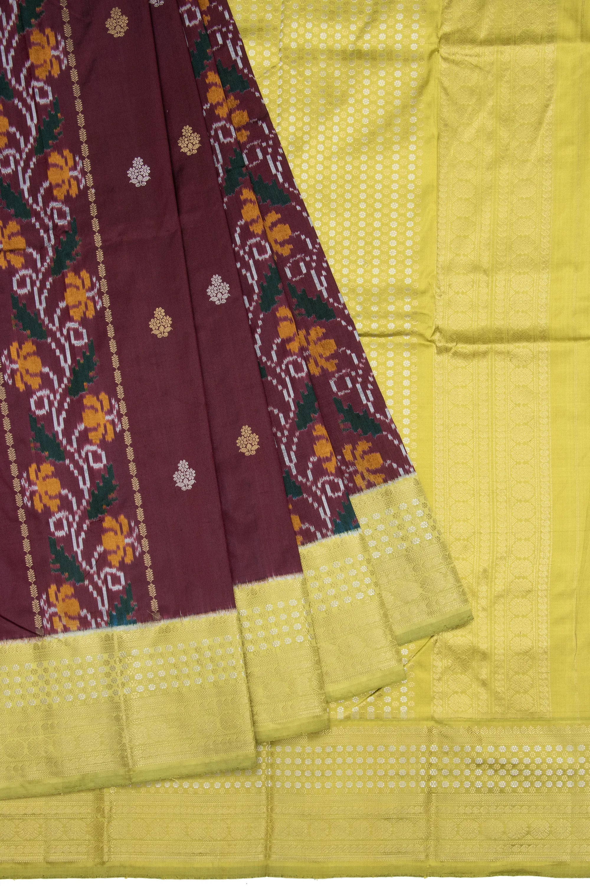 Kanchipuram Silk Ikat Vertical Lines And Butta Brown Saree