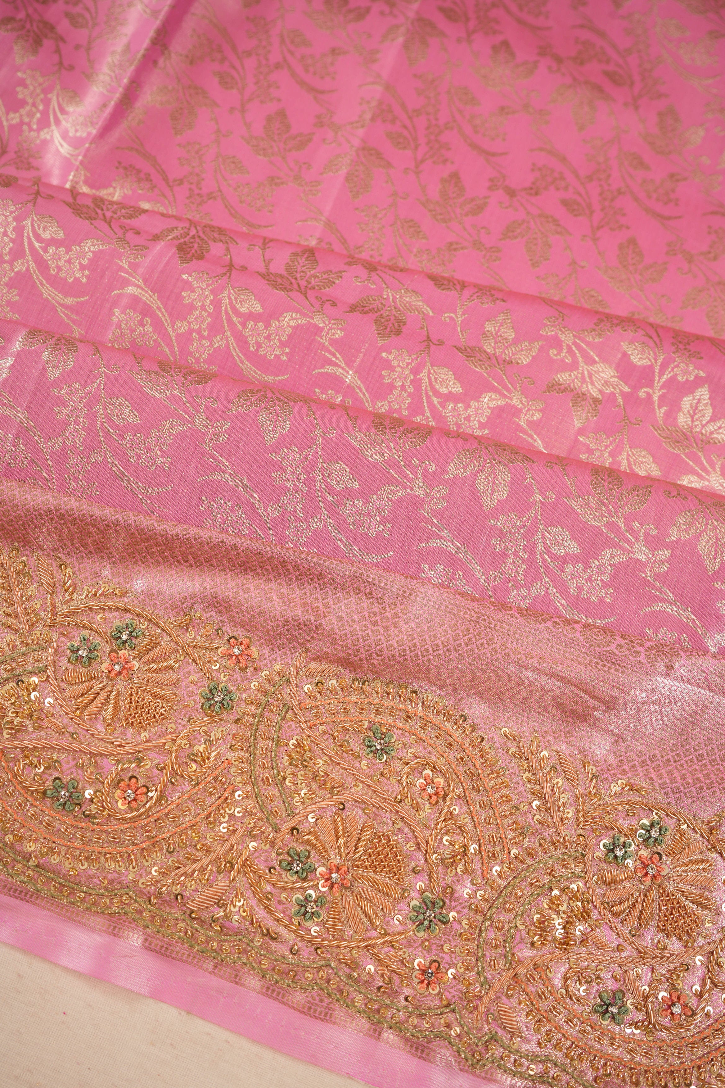 Kanchipuram Silk Jaal Pink Saree With Zardosi Border