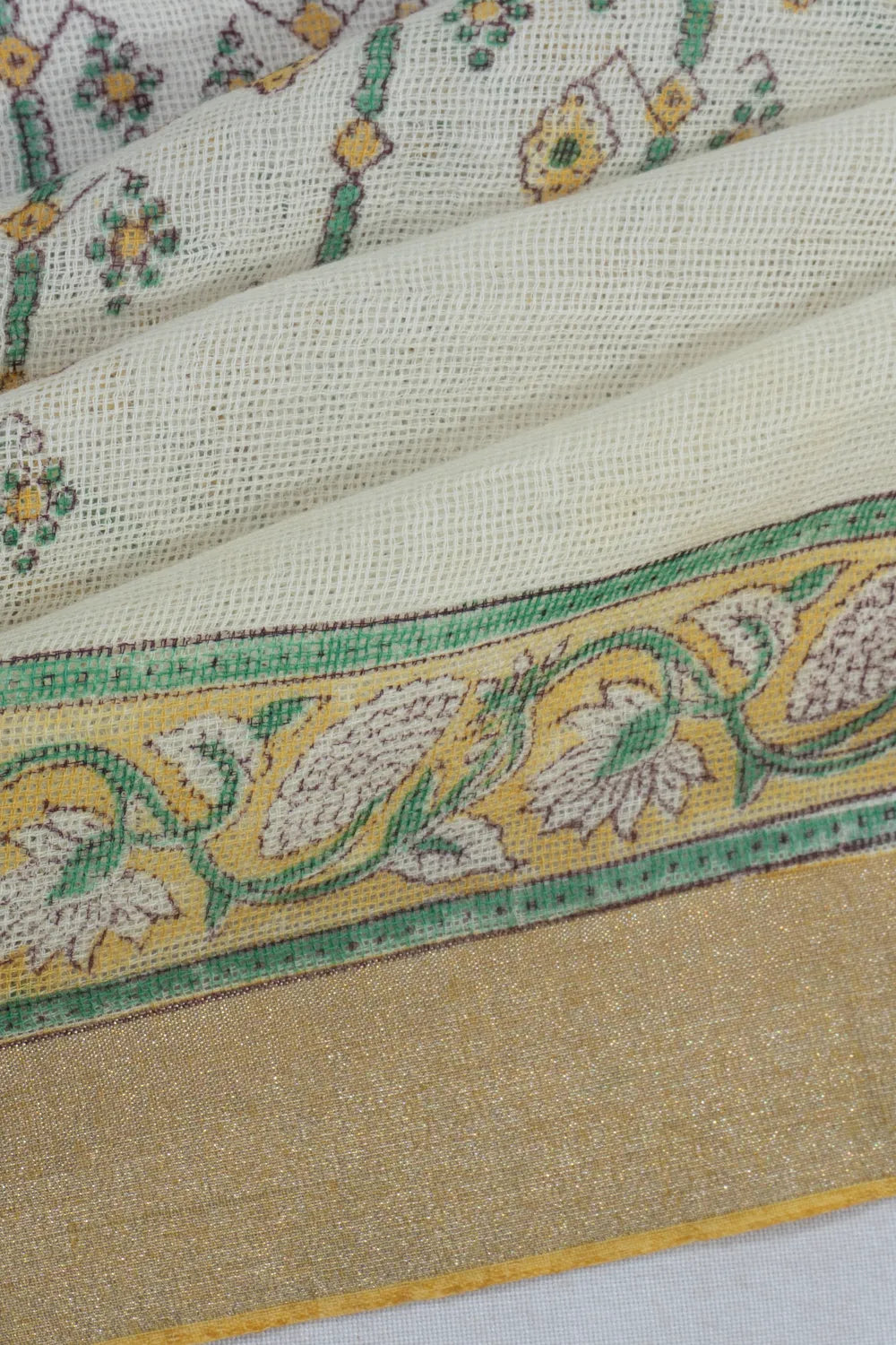 Kota Cotton Floral Printed White Saree
