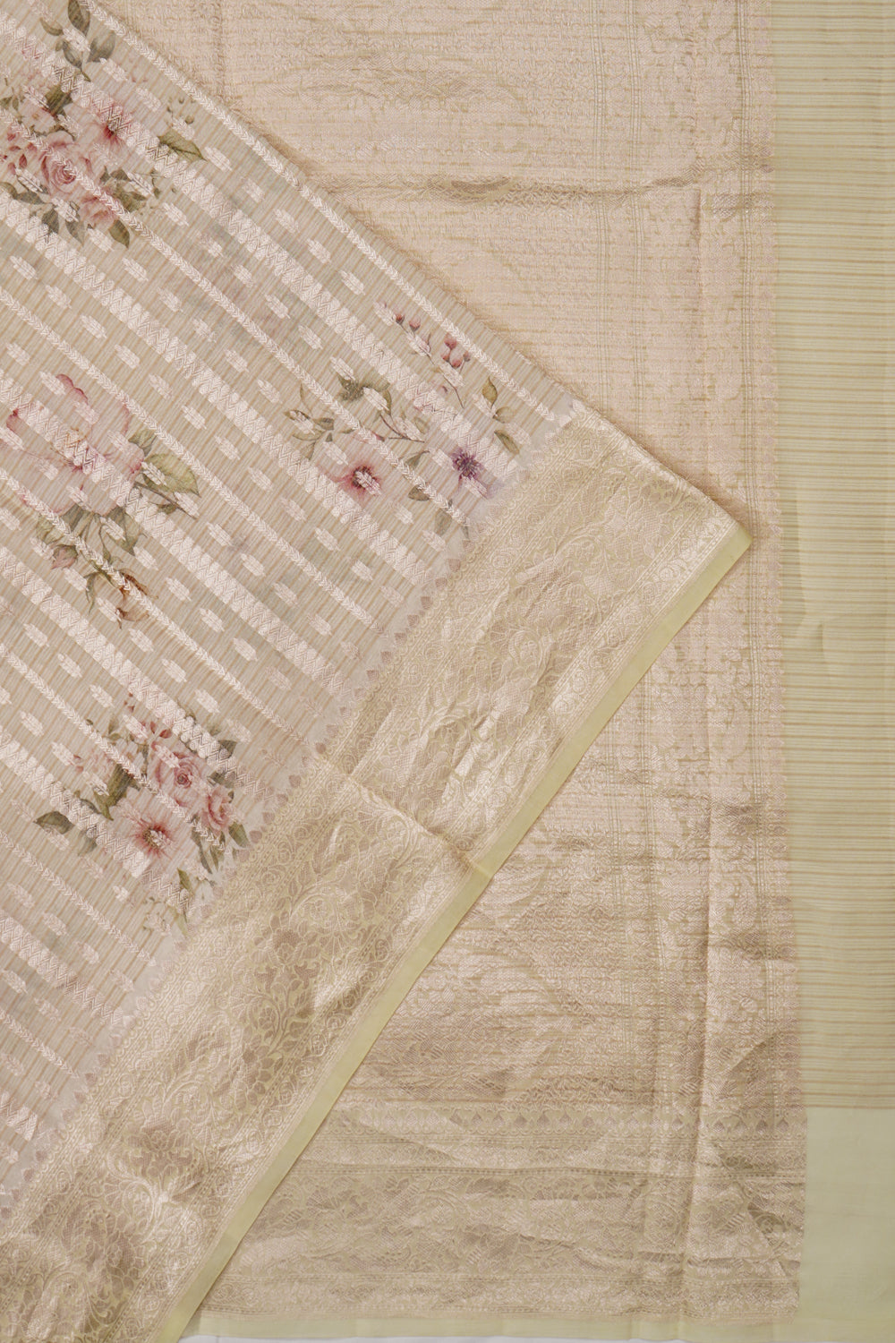 Chanderi Silk Floral Printed Cream Saree
