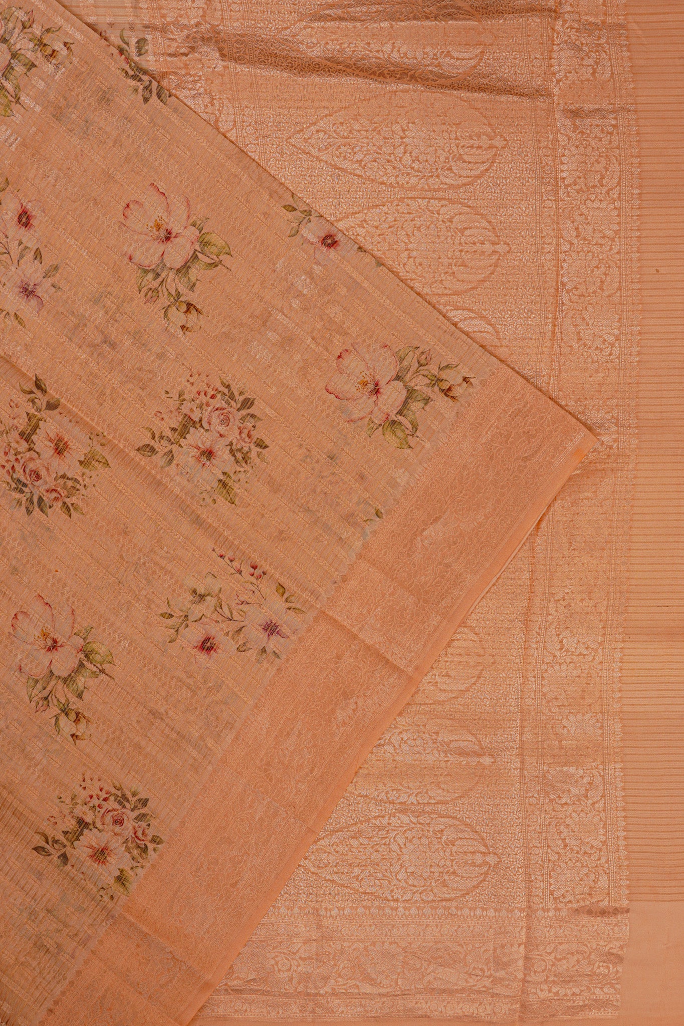 Chanderi Silk Floral Printed And Brocade Peach Saree