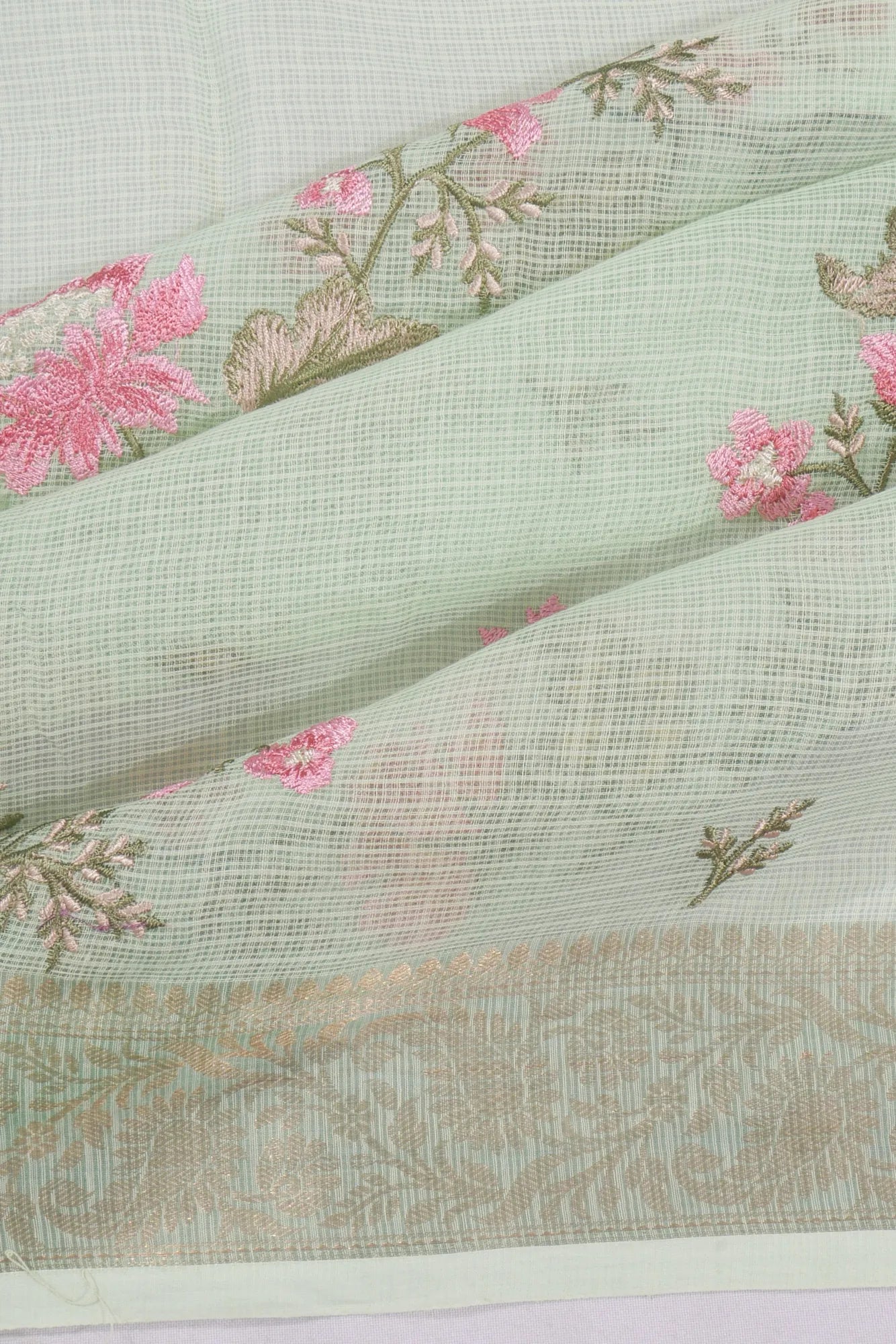 Kota Soft Silk Embroidery Jaal Pastel Green Saree