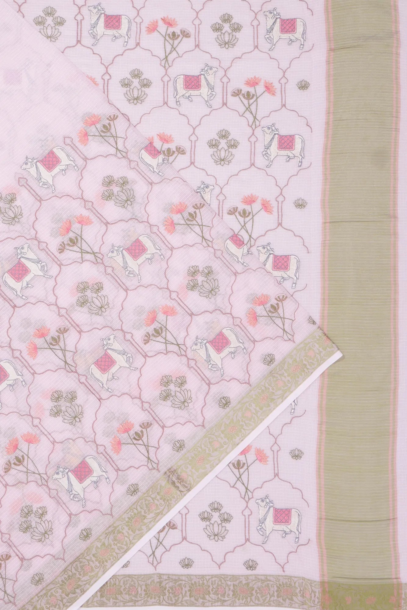 Kota Soft Silk Pichwai Embroidery Baby Pink Saree