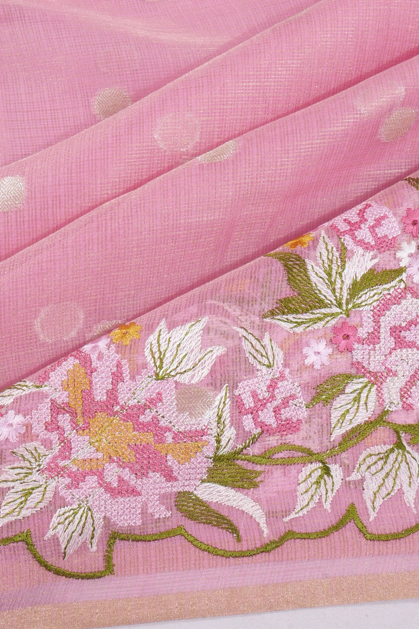 Kota Soft Silk Tissue Butta Baby Pink Saree With Embroidery Border