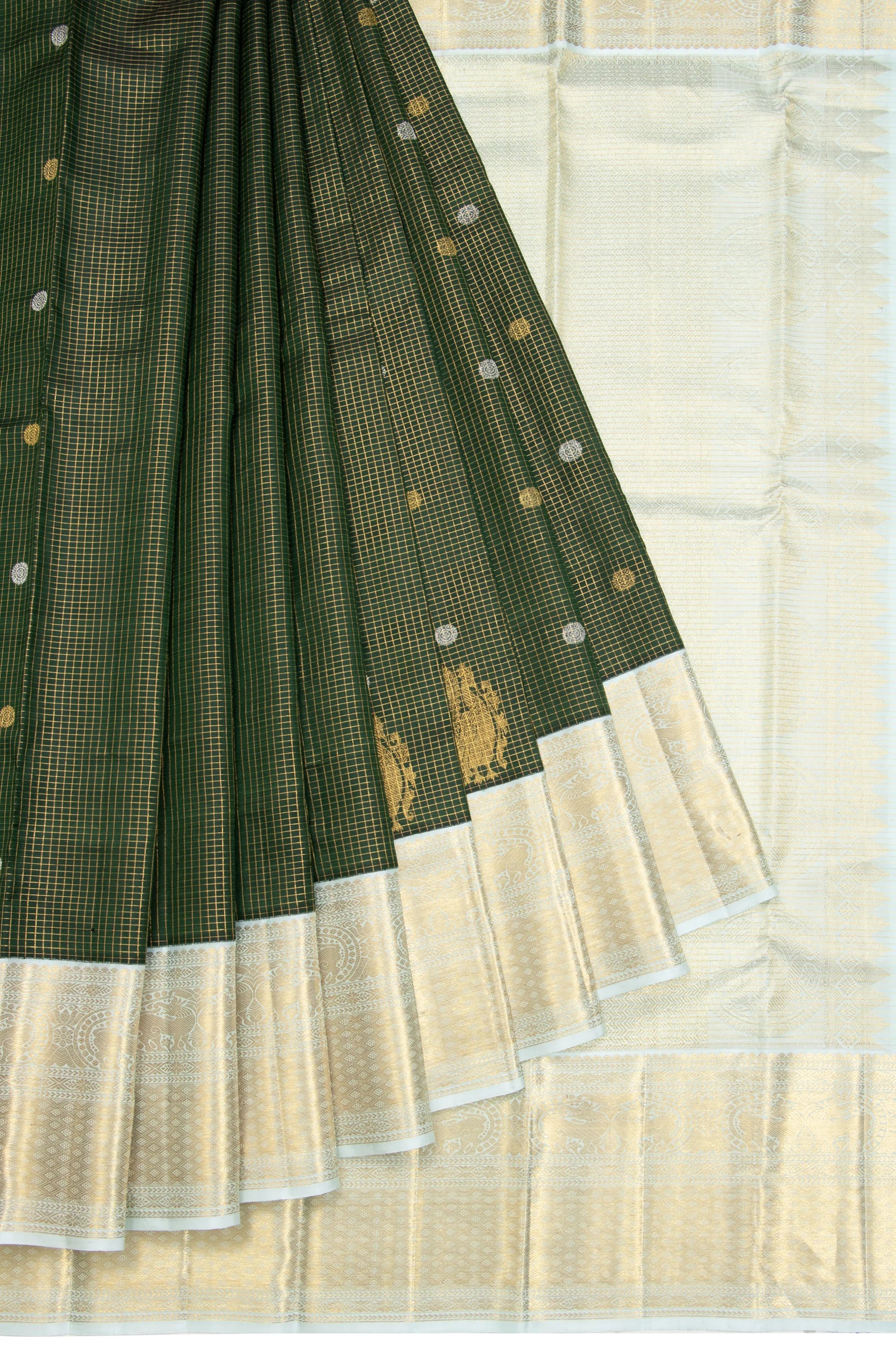 Kanchipuram Silk Checks And Butta Dark Green Saree
