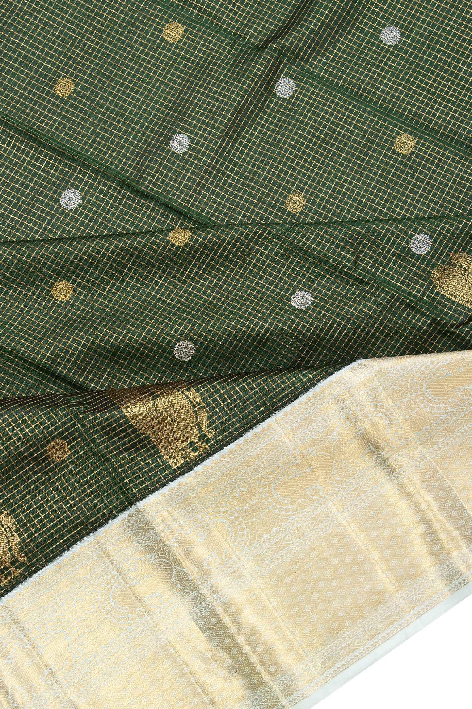 Kanchipuram Silk Checks And Butta Dark Green Saree