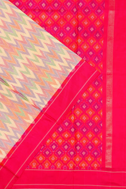 Pochampally Silk Ikat Zig Zag Lines Cream Saree