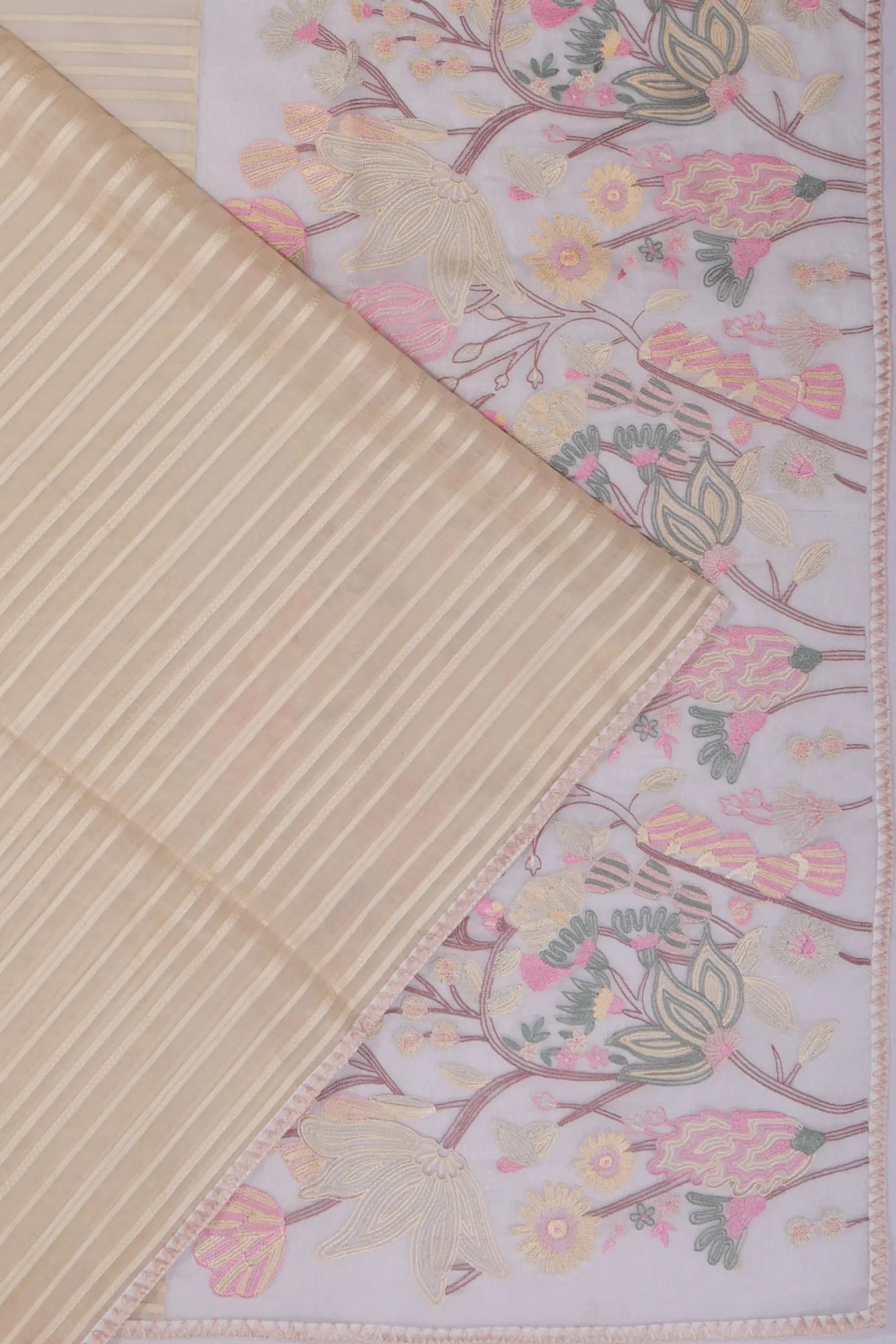 Organza Horizontal Lines Cream Saree With Embroidery Pallu