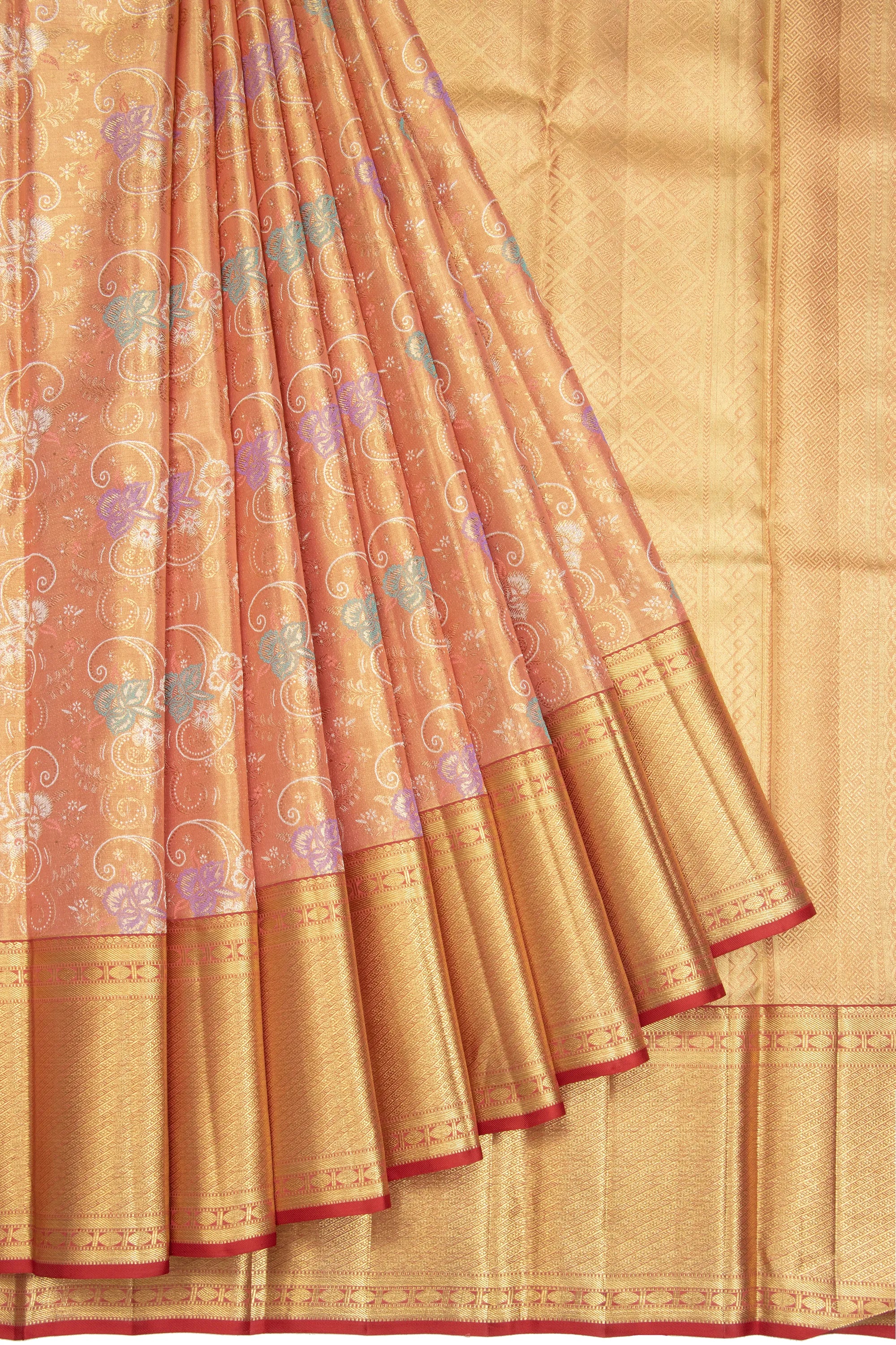 Kanchipuram Silk Tissue Brocade Pastel Orange Saree