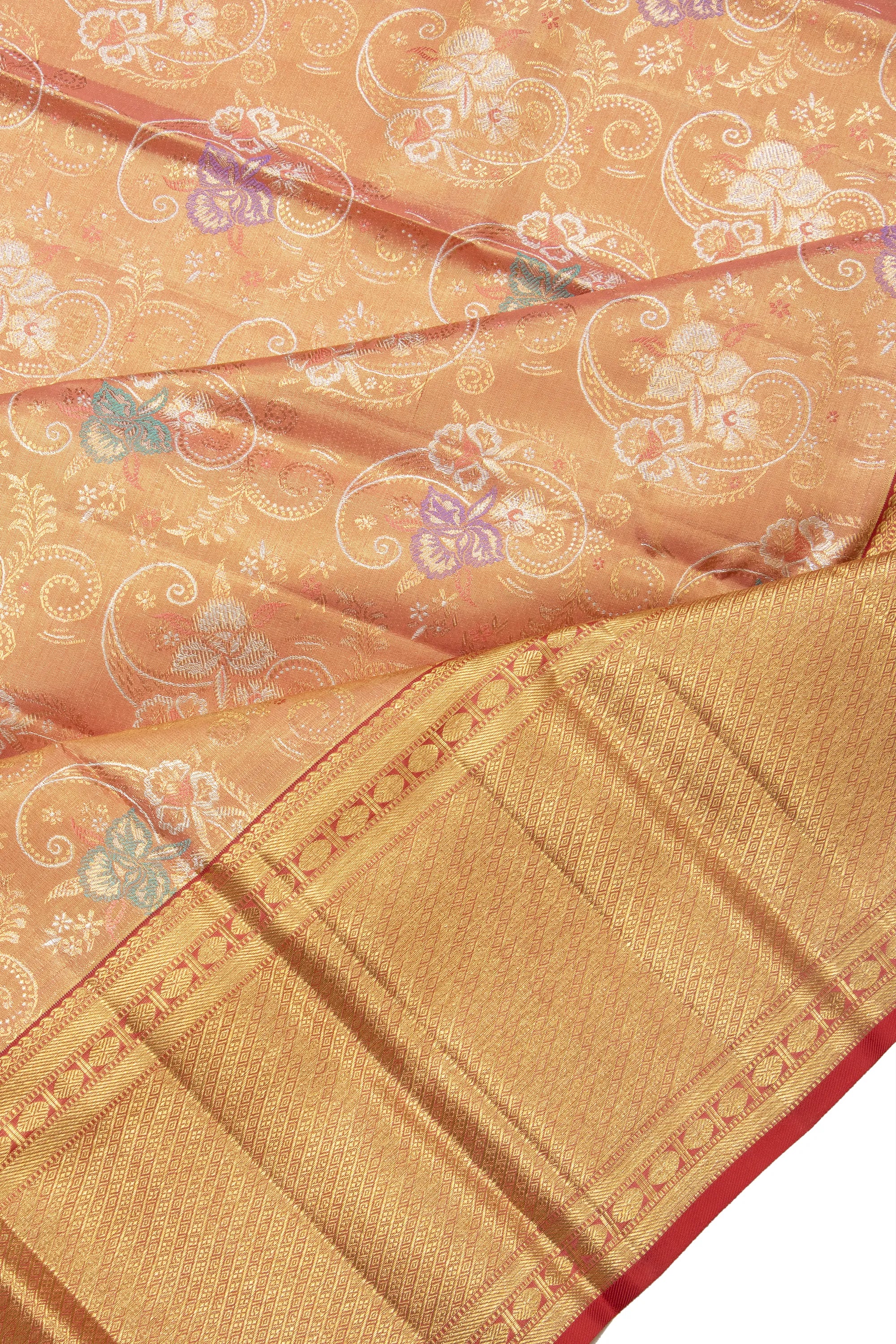 Kanchipuram Silk Tissue Brocade Pastel Orange Saree