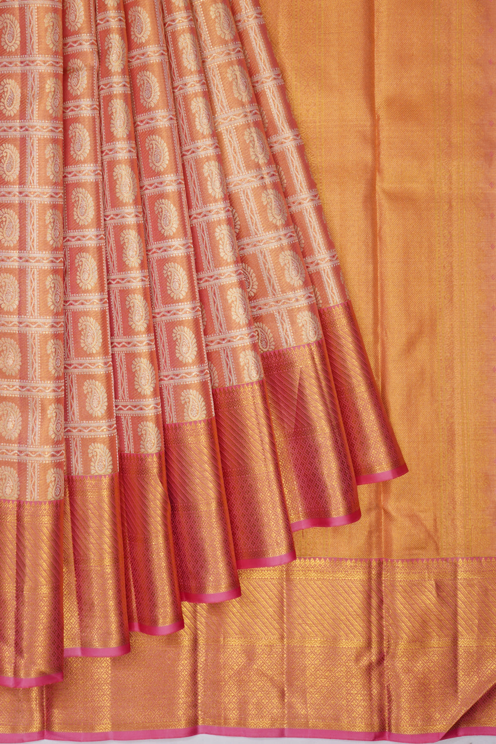 Kanchipuram Silk Checks And Butta Tissue Pink Saree