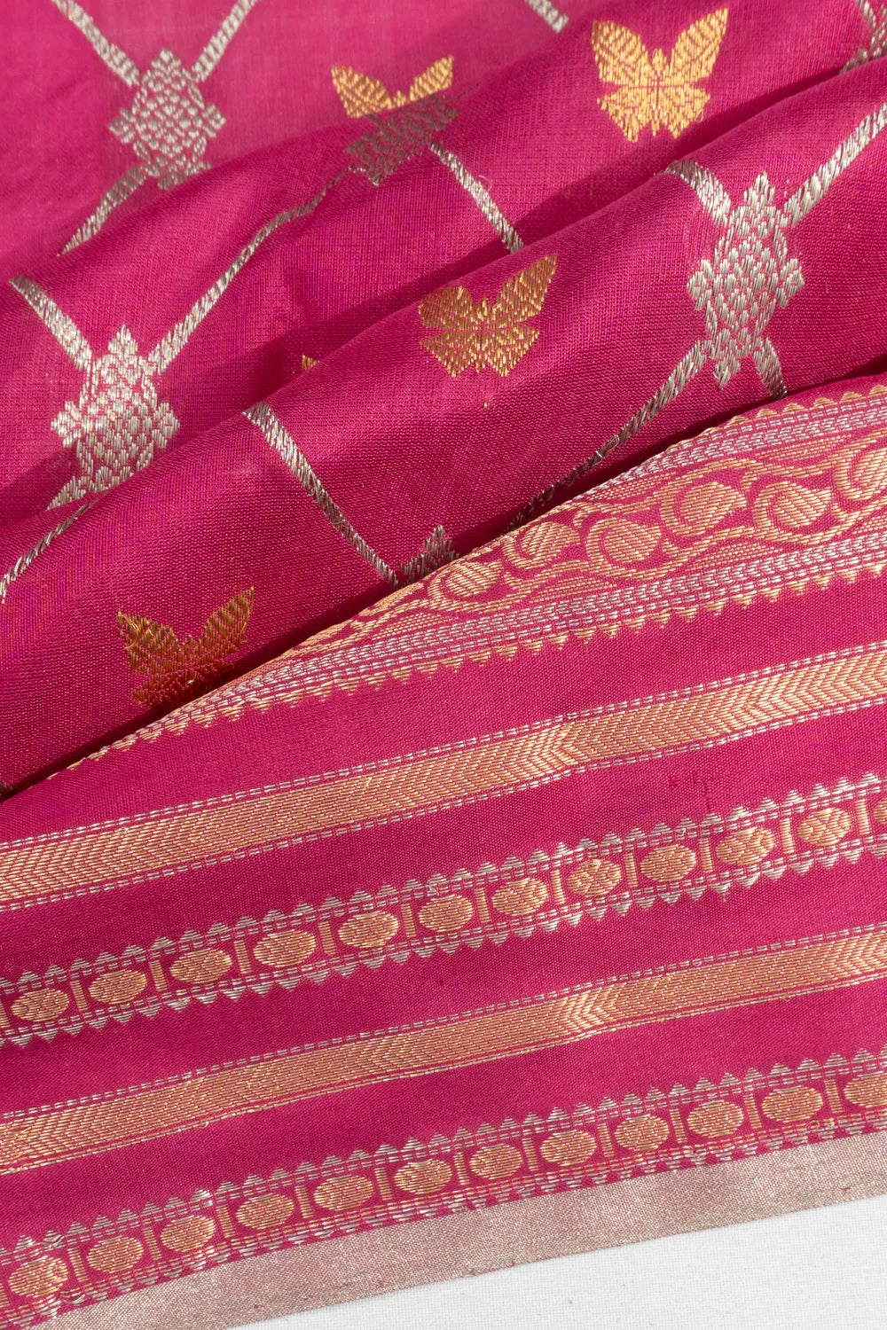 Chanderi Silk Criss Cross Checks And Butta Rani Pink Saree