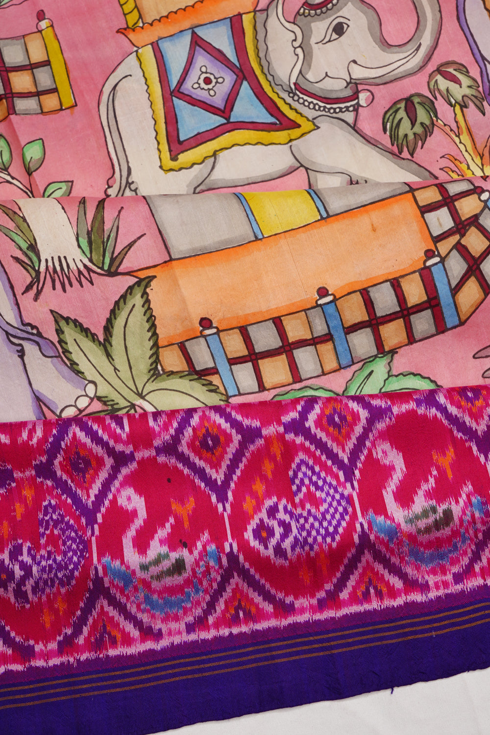 Pochampally Silk Ikat Kalamkari Hand Painted Pink Saree