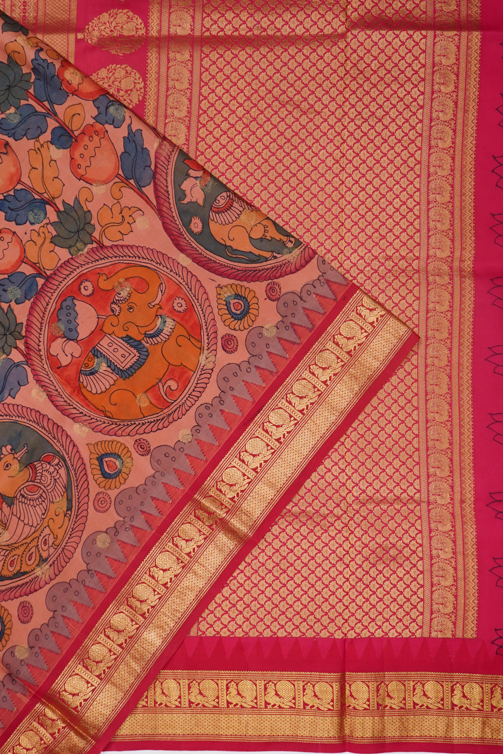 Kalamkari X Kanchipuram Silk Handpainted Pink Saree With Ganga Jamuna Border