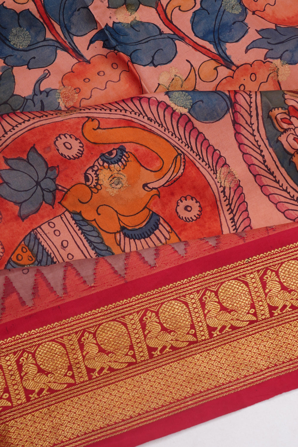Kalamkari X Kanchipuram Silk Handpainted Pink Saree With Ganga Jamuna Border