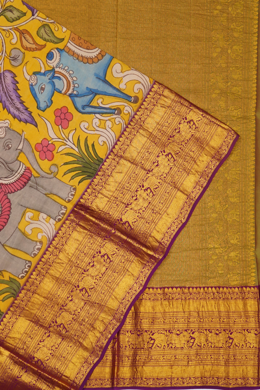 Kalamkari X Kanchipuram Silk Hand Painted Yellow Saree