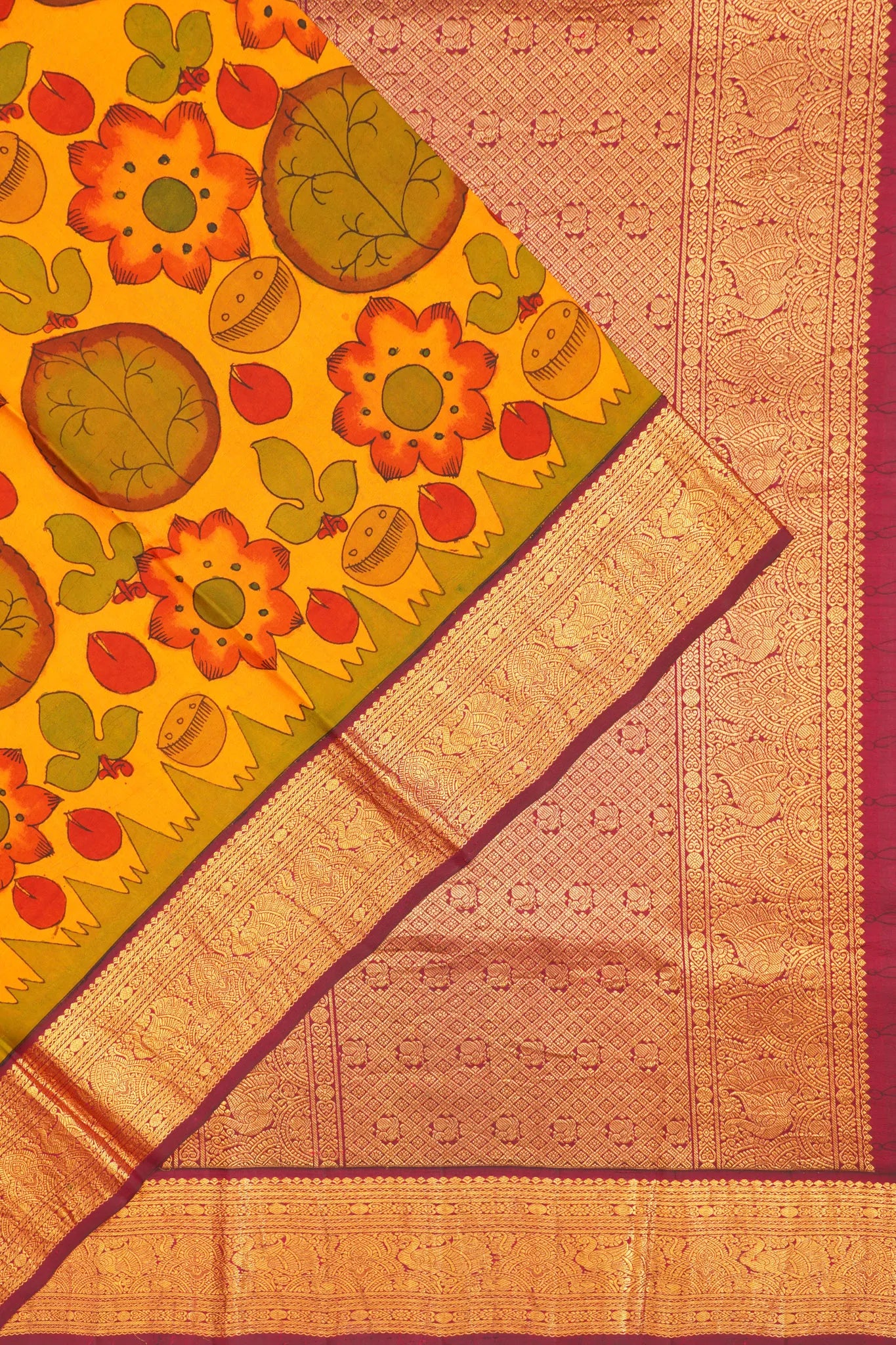Kanchipuram Silk Kalamkari Hand Painted Yellow Saree