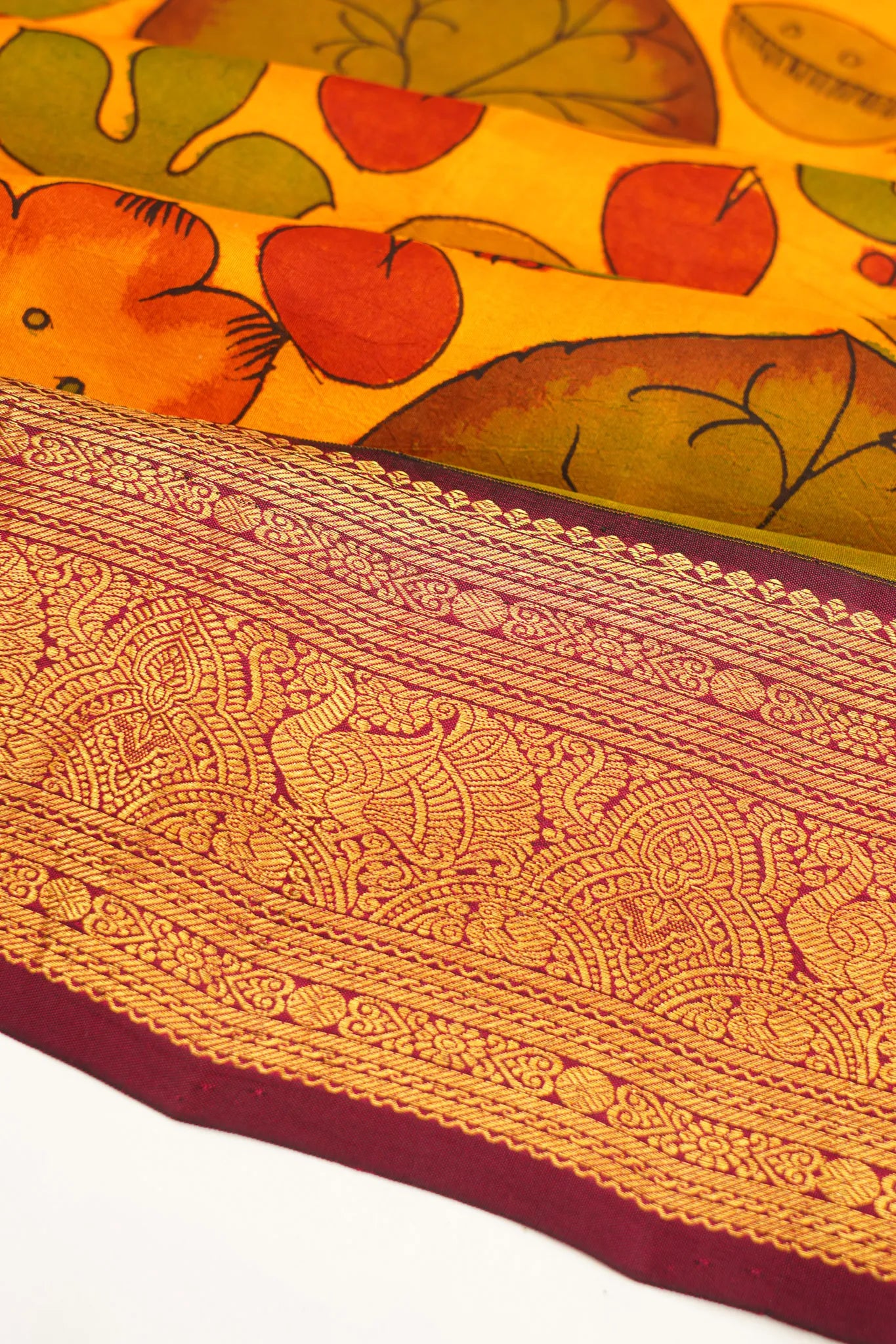 Kanchipuram Silk Kalamkari Hand Painted Yellow Saree