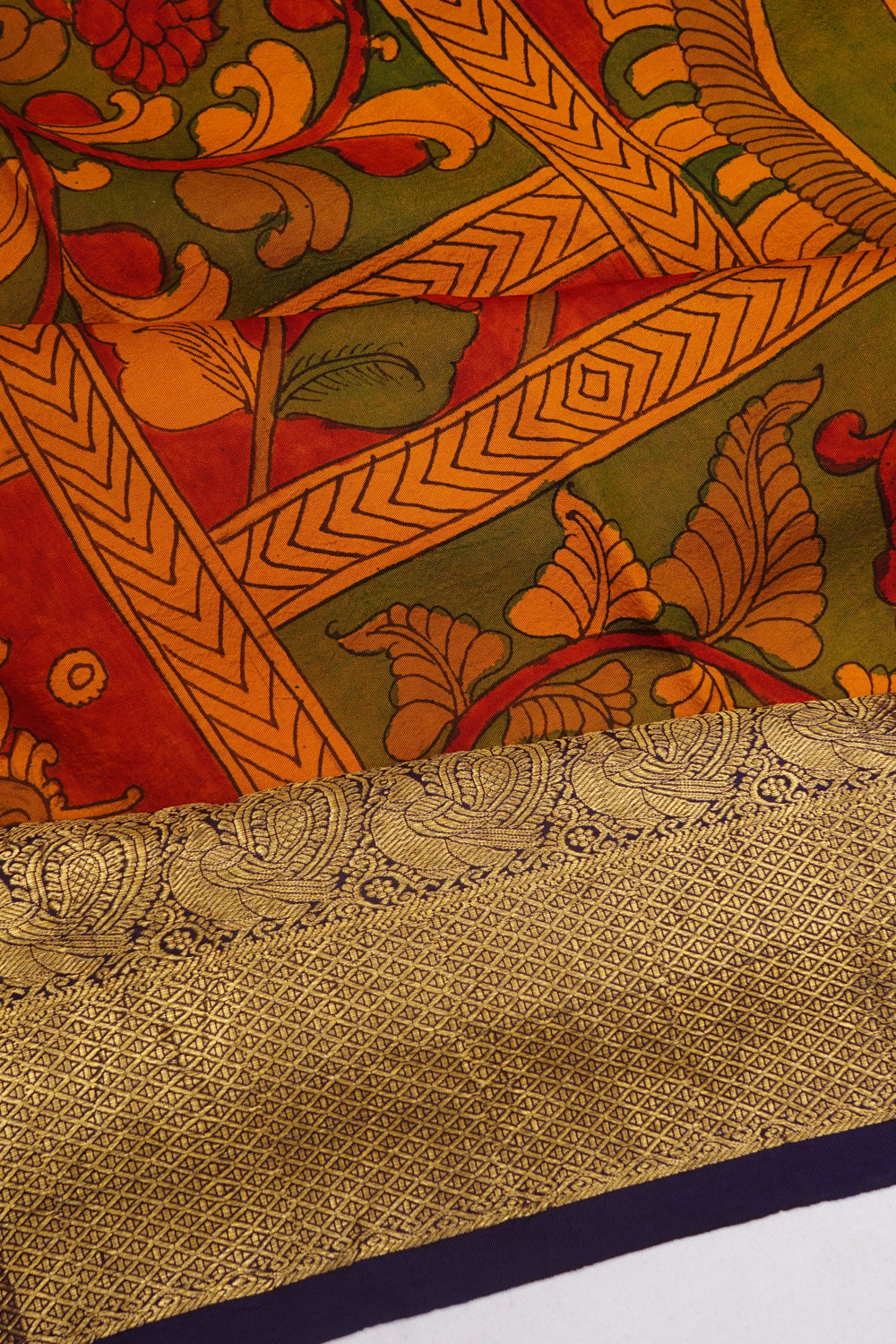 Kalamkari X Kanchipuram Silk Hand Painted Orange Saree